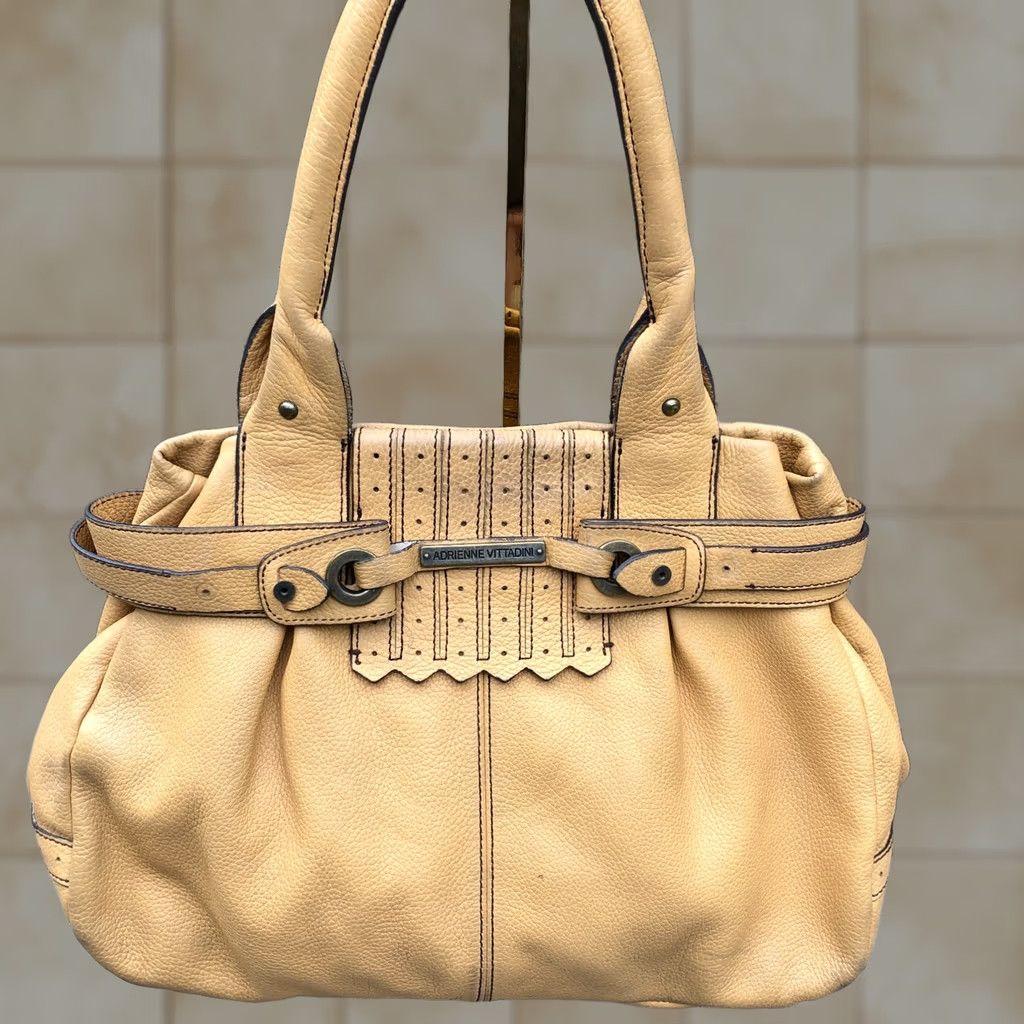 Vintage ADRIENNE VITTADINI Shoulder Hand Bag Purse Women's Tan Genuine Leather Boho - 16" W x 11" H x 7" D - Large - Shoulder Bag - Tan - Designer - Women Size ONE SIZE - 1 Thumbnail
