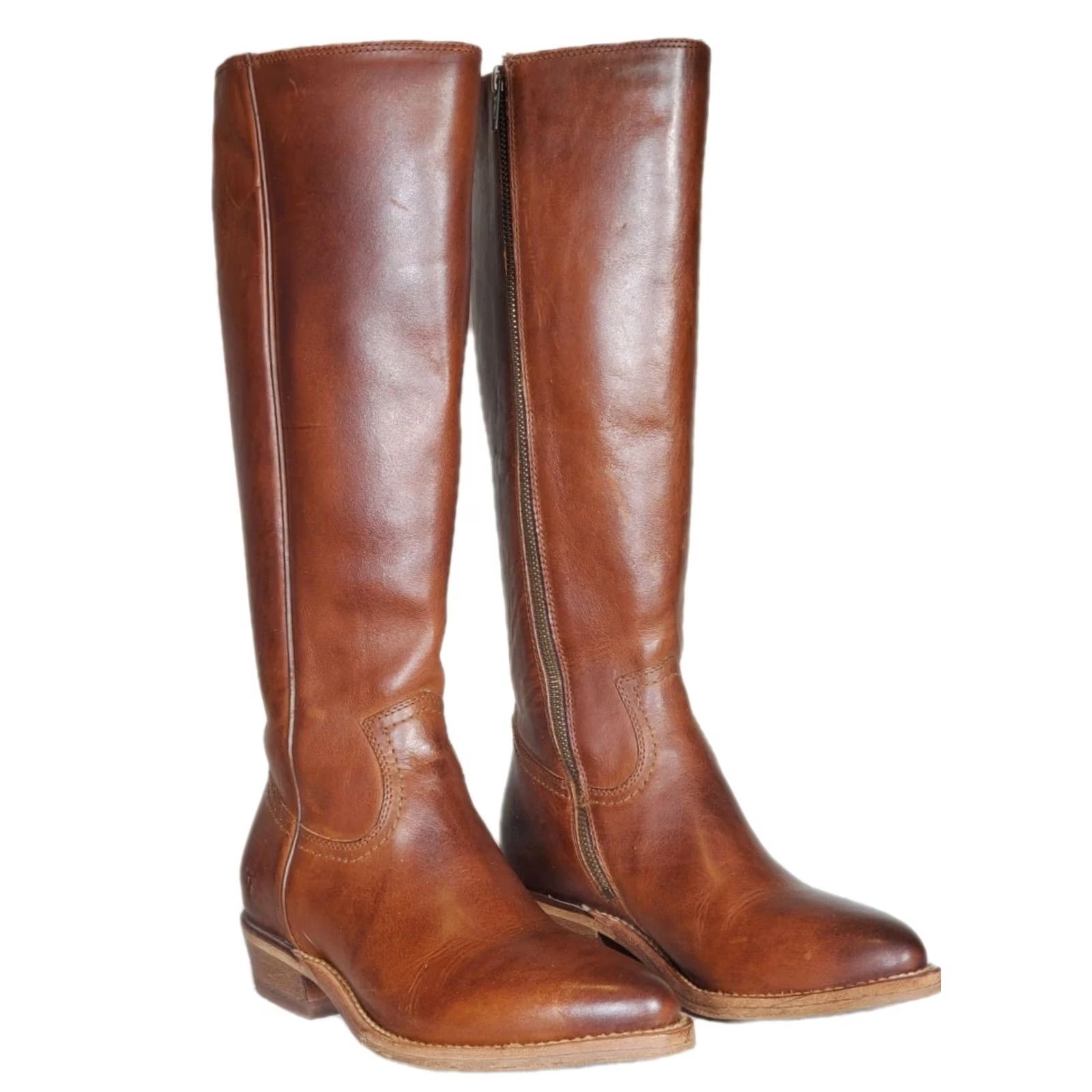 Frye VINTAGE FRYE Billy Inside Zip Tall Cowboy Boots Caramel Brown Leather 70810 Women's US 7.5 B Boots Mens Size US 8 / IT 38 - 2 Thumbnail