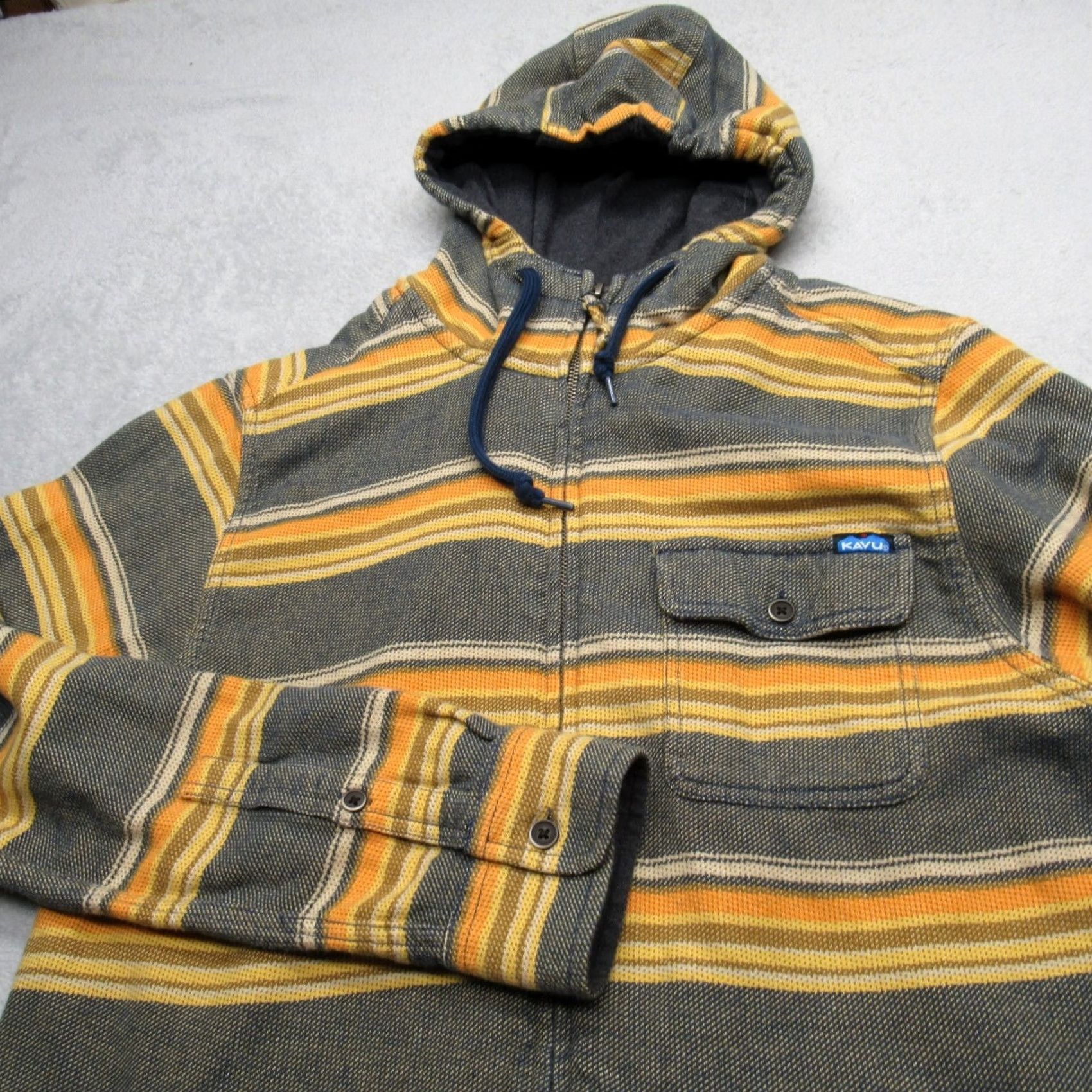 KAVU Kavu Mens Medium Full Zip Hoodie Gray Yellow Striped Pockets Sweatshirt Size US M / EU 48-50 / 2 - 6 Thumbnail