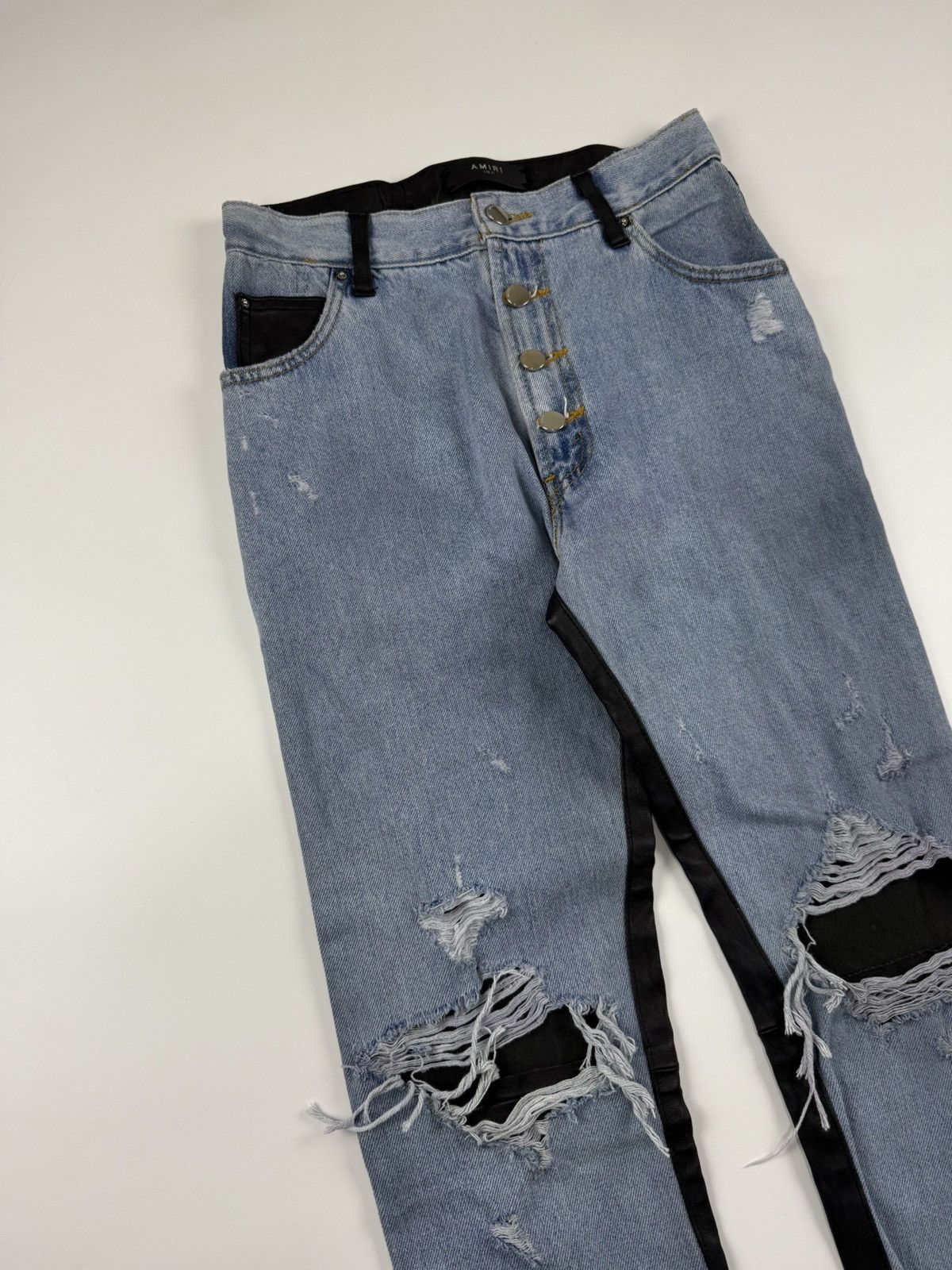 Amiri Amiri Leather & Denim Cropped Flare Jeans Size US 27 - 3 Thumbnail