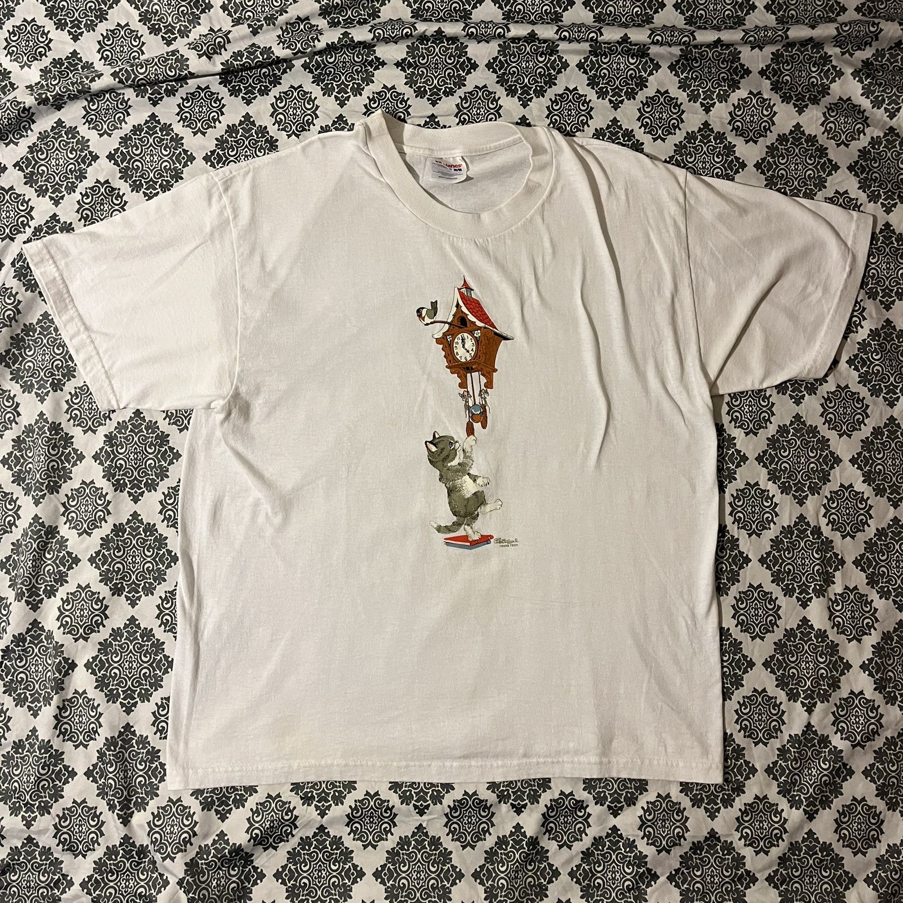 Hanes VTG 90s Grey Cat Chasing Mice Grandfather Clock Cute Tee Size L / US 10 / IT 46 - 1 Thumbnail