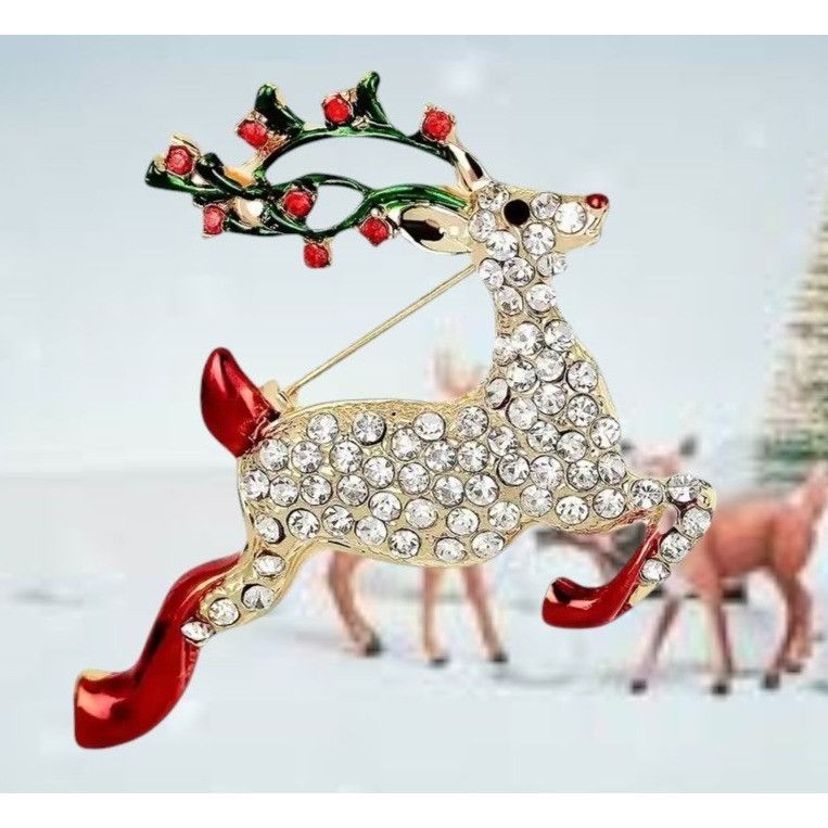 Handmade Reindeer Brooch Pin Rudolph Christmas Eve New Crystal Accent Size ONE SIZE - 2 Thumbnail