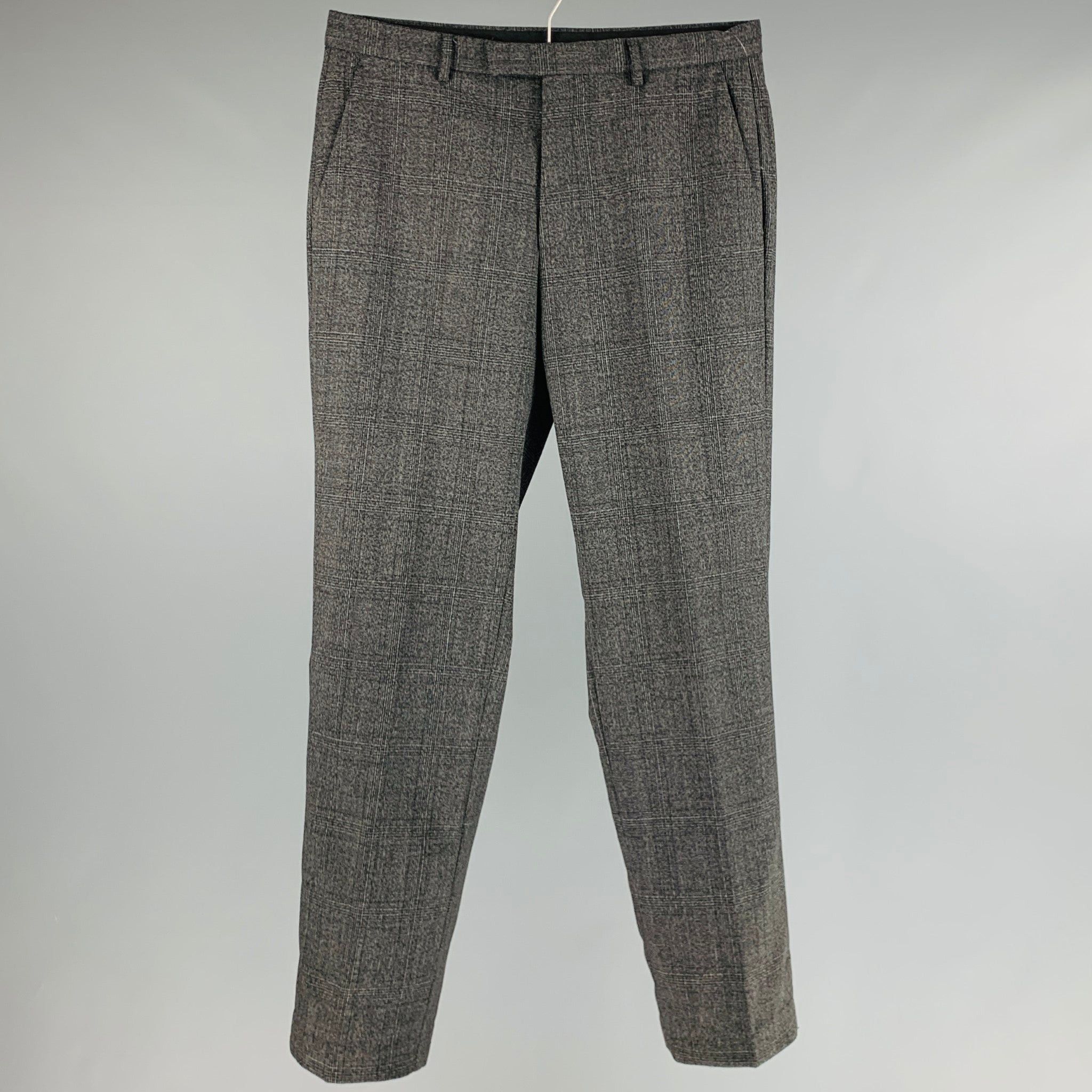 image of Calvin Klein Faded Black Glenplaid Wool Polyester Dress Pants, Men's (Size 32)