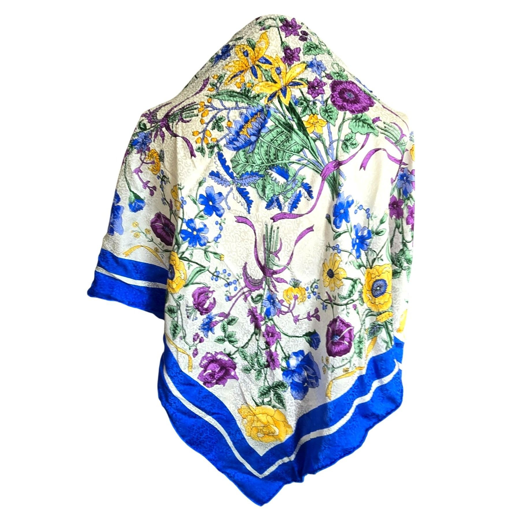 Vintage Vintage Silk Scarf Floral Print Blue White Yellow Purple Iri Size ONE SIZE - 1 Thumbnail