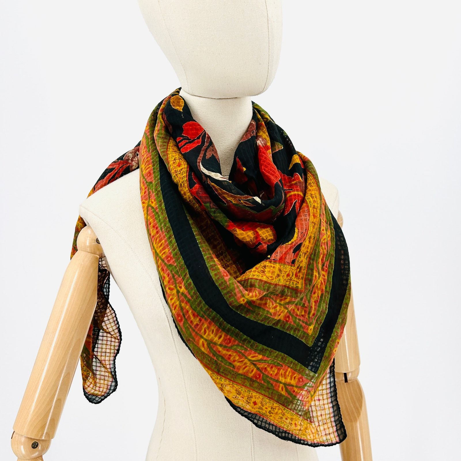 Vintage Vintage 70s Black Yellow Floral Handrolled Cotton Scarf Size ONE SIZE - 1 Thumbnail