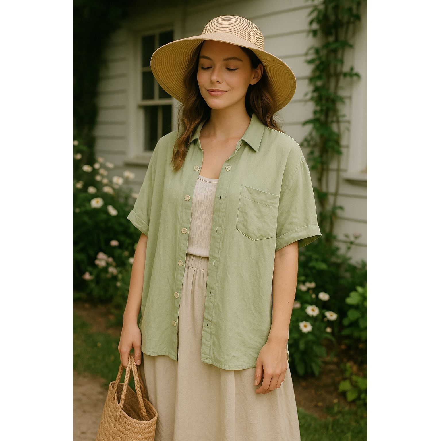 FLAX FLAX Women 100% Linen M Button Down Chartreuse Boxy Fit Top Size M / US 6-8 / IT 42-44 - 1 Thumbnail