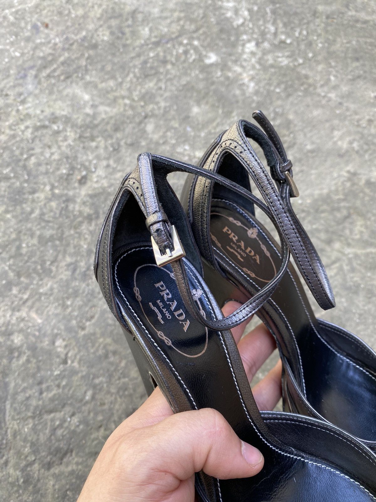 Prada Metallic Leather Peep Toe Platform Heels Ankle Strap