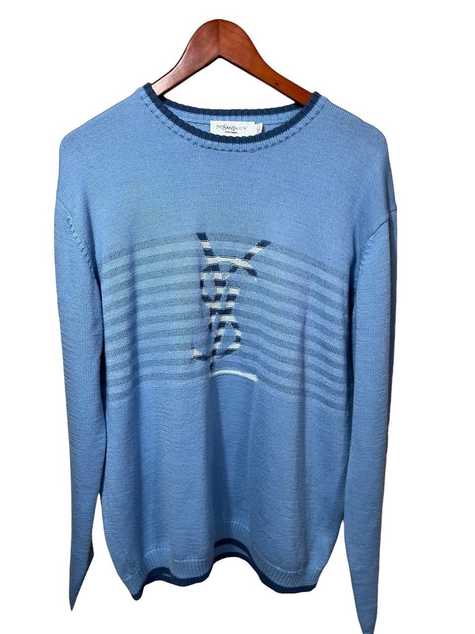 Yves Saint Laurent Yves Saint Laurent Pour Homme Big Logo Knit Sweater Blue Size US L / EU 52-54 / 3 - 8 Thumbnail