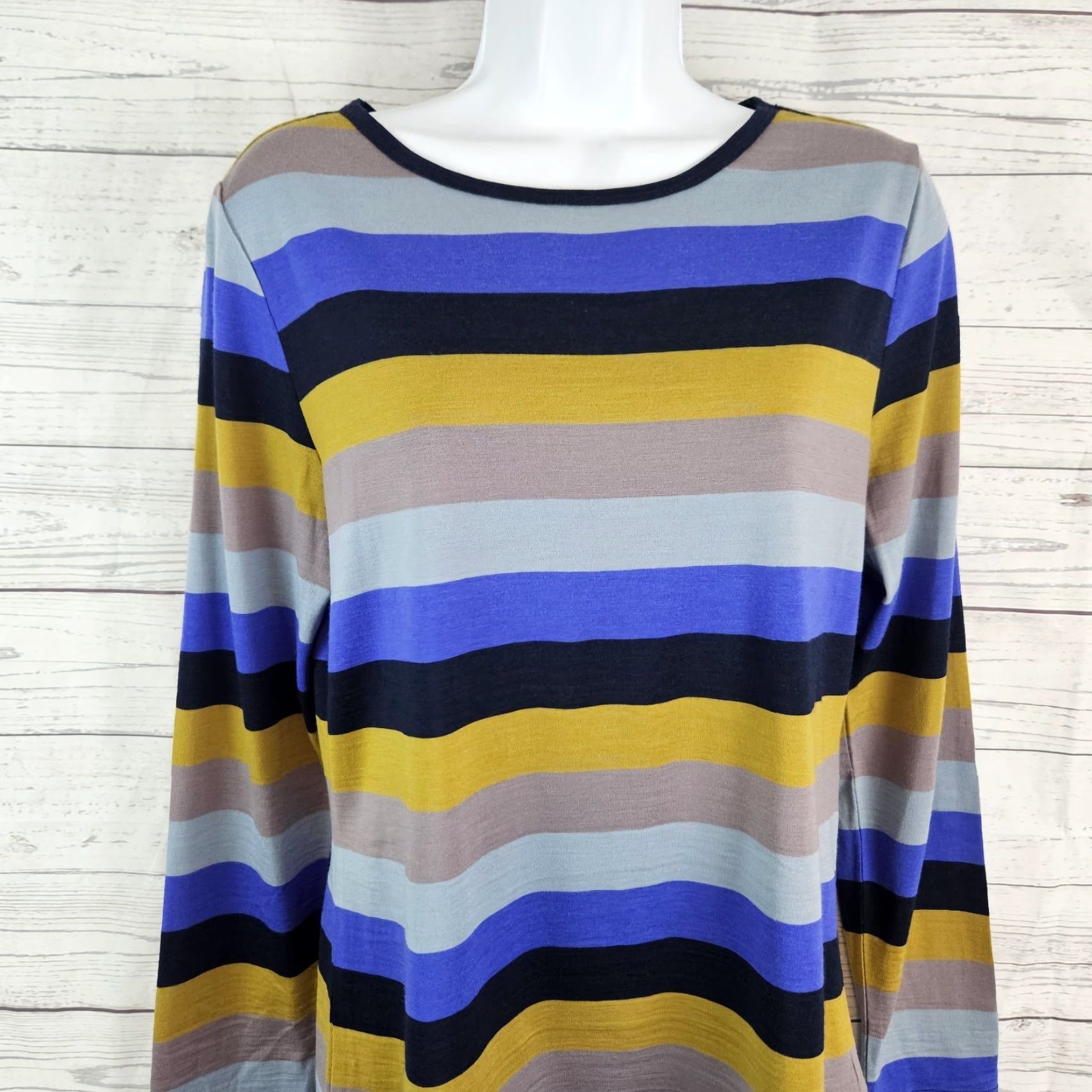Vintage Foil Blouse Womens Merino Wool Top Sz Medium Blue Stripe Long Sleeve Knit Pullover Shirt Bodice Mens? Size M / US 6-8 / IT 42-44 - 2 Thumbnail