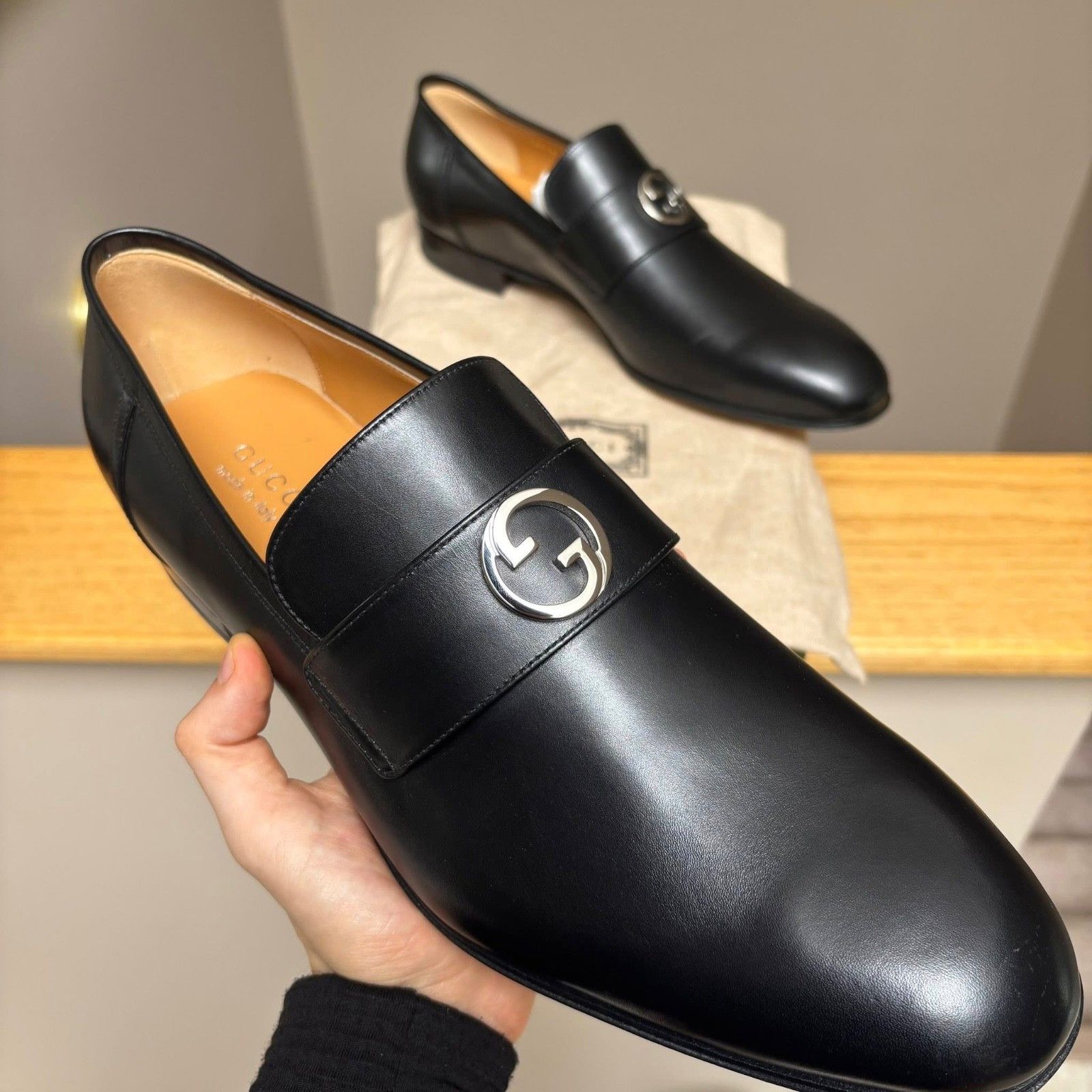 Gucci Gucci Black & Silver Interlock Leather Loafers - $1000- New Size US 14 / EU 47 - 3 Thumbnail