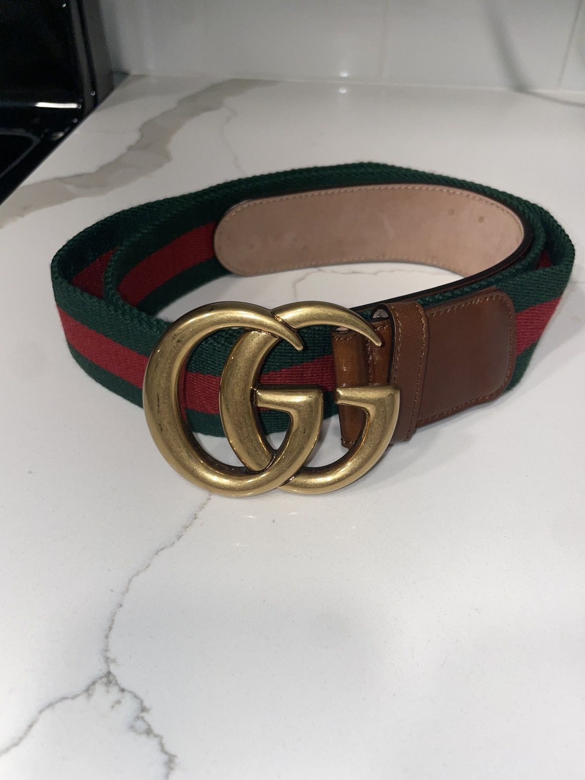 image of Gucci Nylon Calfskin Double G Web Belt in Brown, Women's
