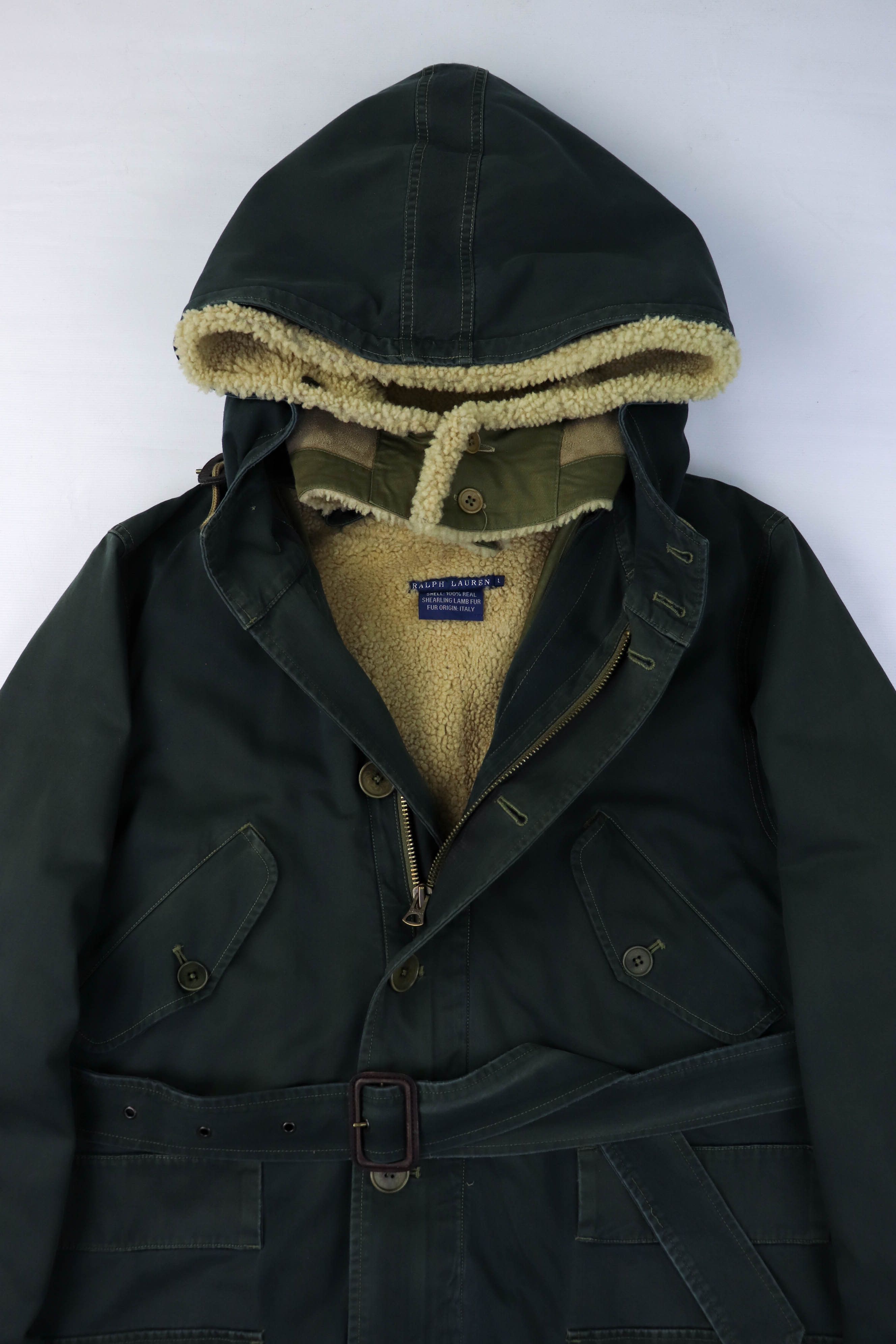 Ralph Lauren 90s Vintage Ralph Lauren Shearling Liner Green Belted Coat Size L / US 10 / IT 46 - 7 Thumbnail