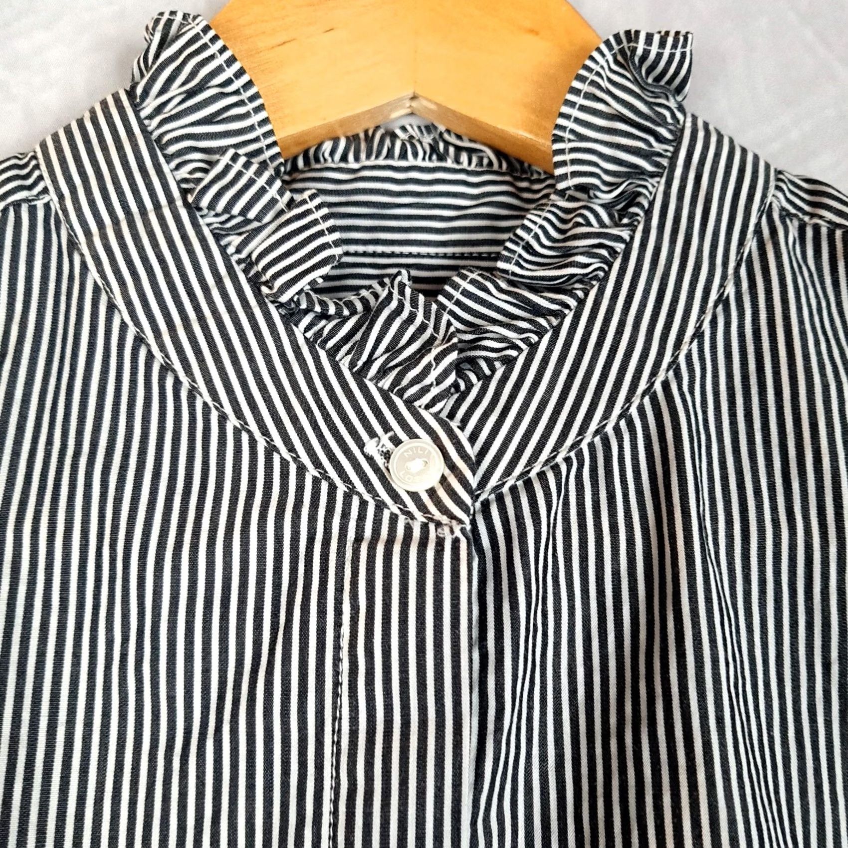 Nili Lotan Nili Lotan Blouse Womens Large Black White Striped Ruffle Neck Button Front Cuff Size L / US 10 / IT 46 - 5 Thumbnail