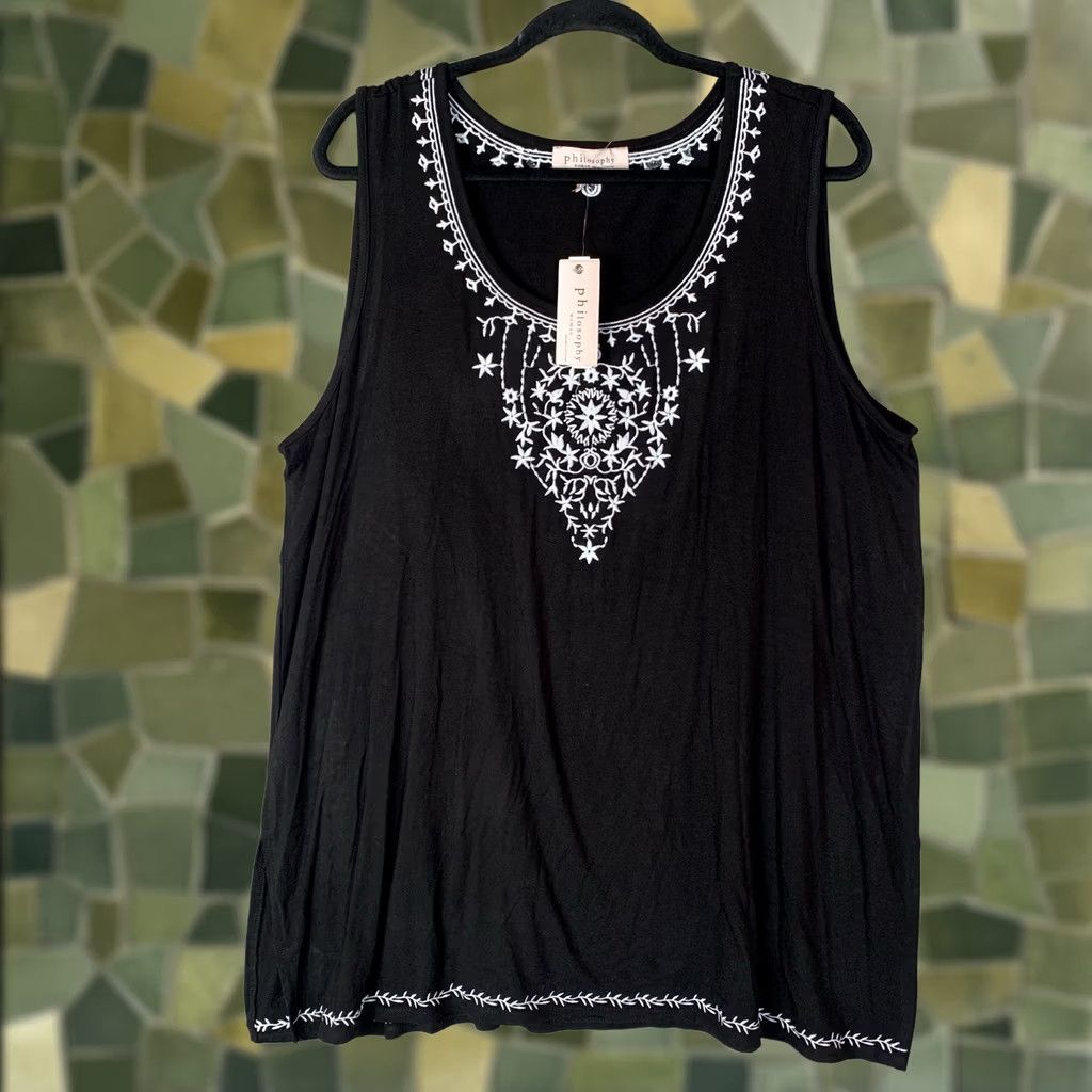 Vintage VINTAGE? (No) Philosophy Top Women Plus 2X Black Tunic Embroidered Boho Preppy Witchy NWT Size XXL / US 16-18 / IT 52-54 - 1 Thumbnail