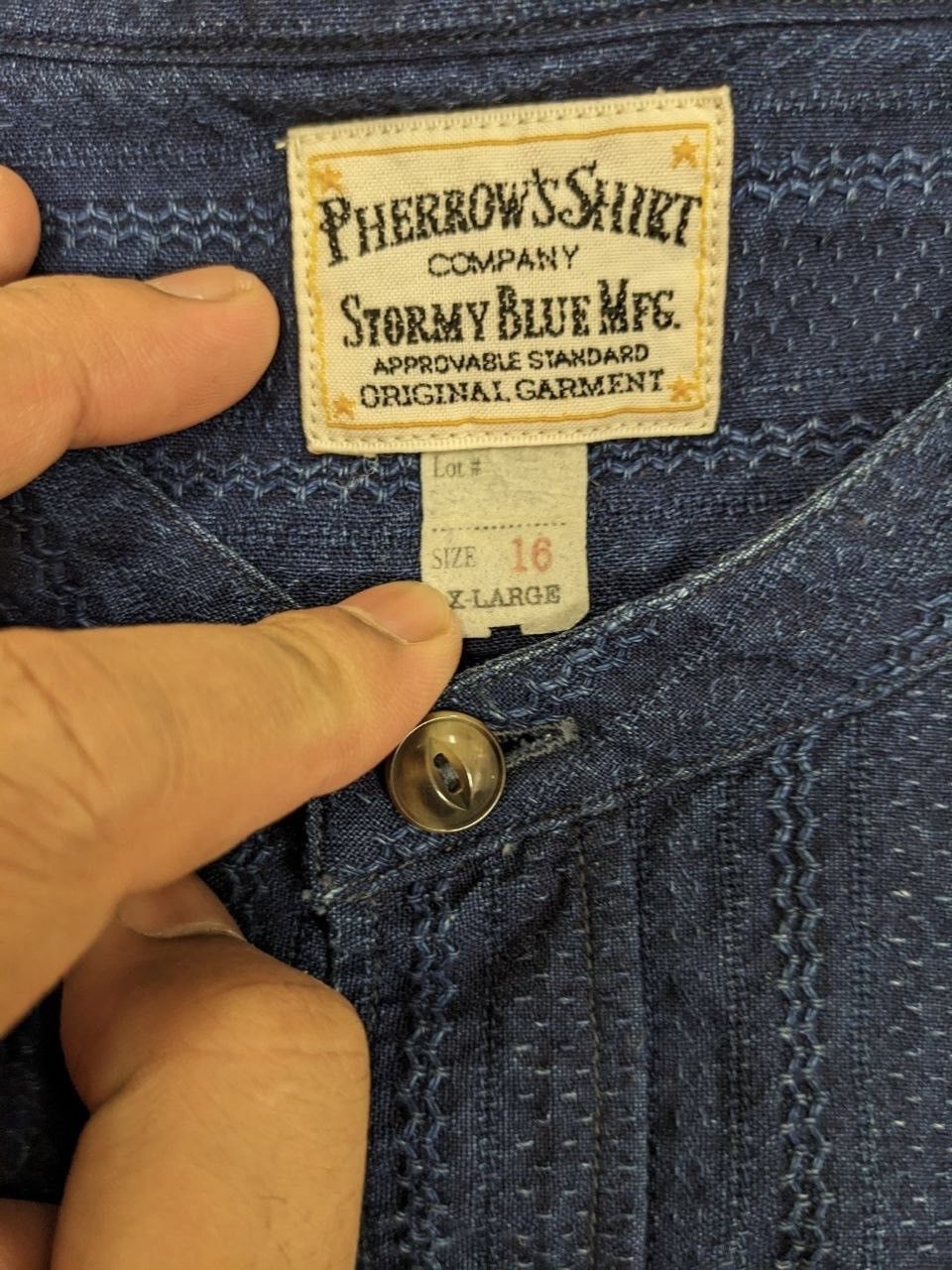 Pherrow's Pherrow’s Sashiko Pure Blue Indigo Collar Band Shirt Size US M / EU 48-50 / 2 - 5 Thumbnail