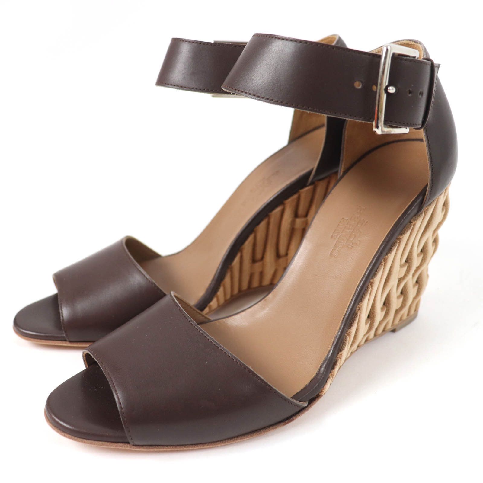 Hermes Hermes Braided Leather Wedge Sandals Leather Shoes in Brown, Women's