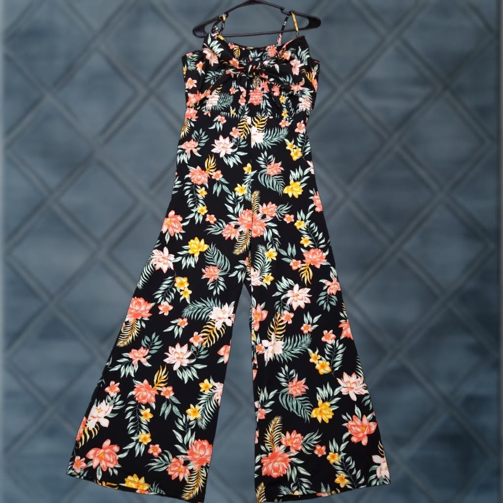 Vintage No Boundaries Jumpsuit Womens XL Black Floral Wide Leg Smocked Tie Front Summer Size 40" / US 18 - 1 Thumbnail