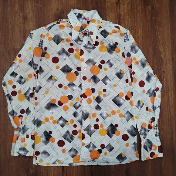 Vintage MCM Mod Sears Dots Checkers Pattern Disco Shirt