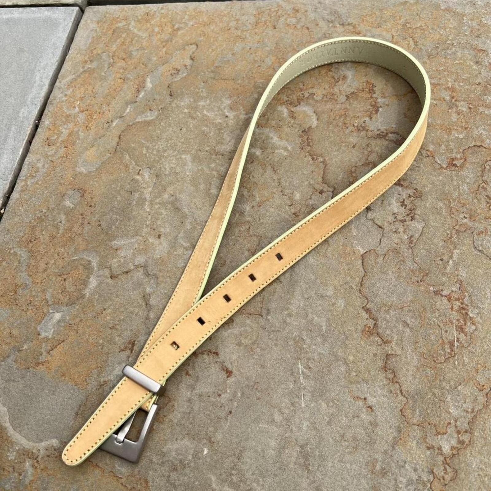 Ann Taylor Vintage 90s Italian Leather Tan/Pale Green Stitch+Edge Belt Size ONE SIZE - 1 Thumbnail