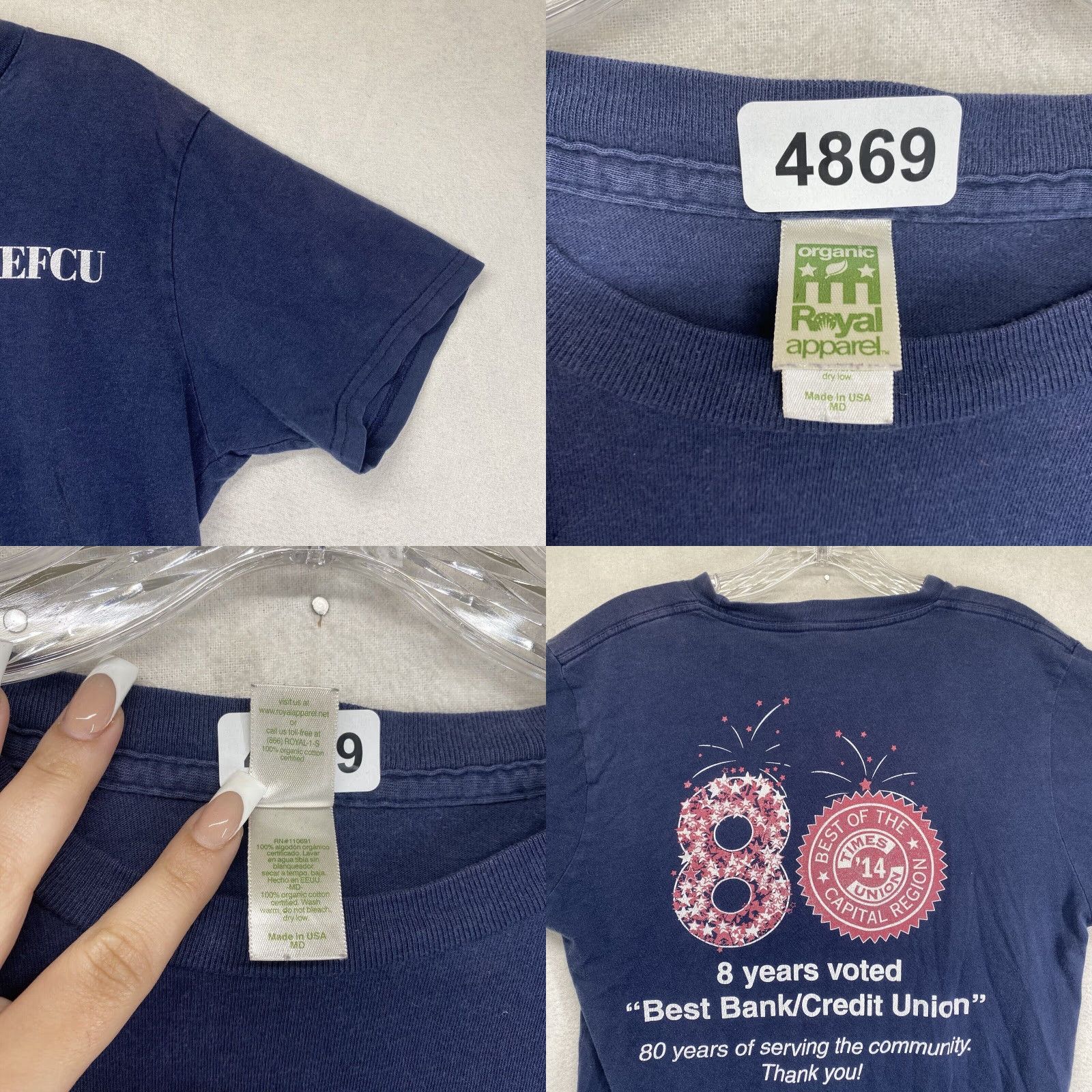 Vintage VINTAGE Royal Apparel Credit Union T-Shirt 80th Anniversary Organic Cotton Blue Medium Boxy Mens Size US M / EU 48-50 / 2 - 8 Thumbnail