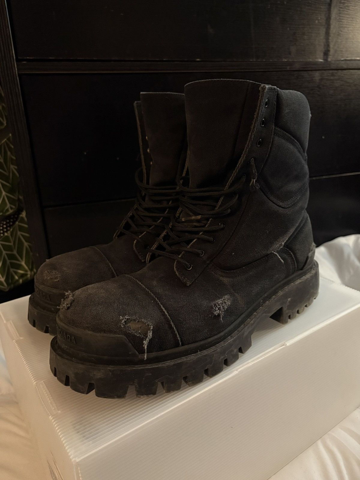 SOLD Balenciaga Distressed Canvas Strike Boots