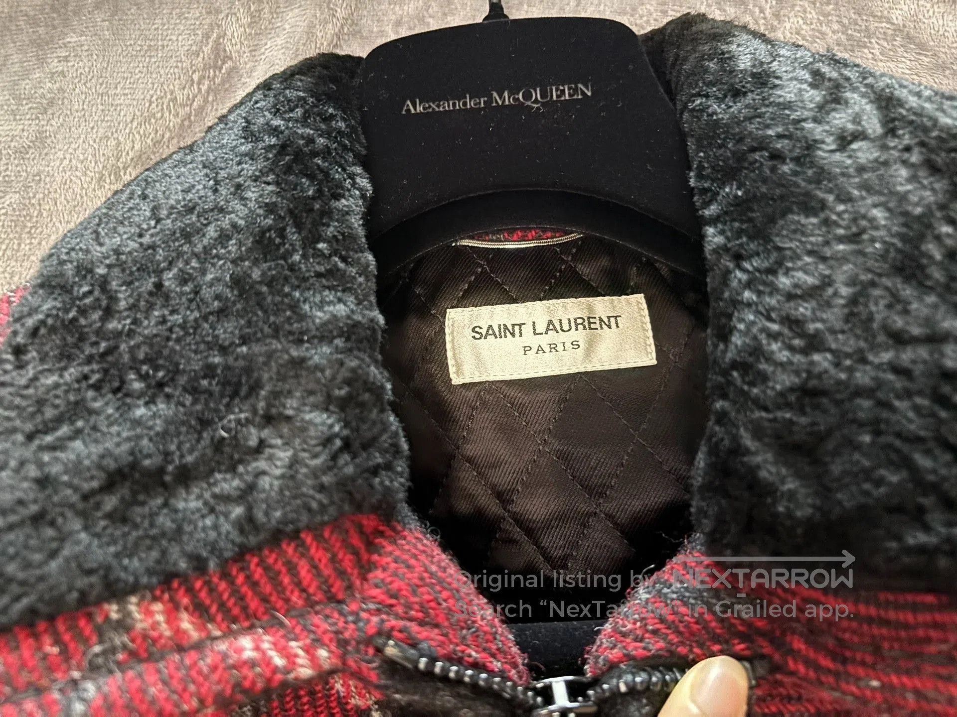 Saint Laurent Paris YSL Red Black Plaid Fur Collar Jacket. Size M / US 6-8 / IT 42-44 - 2 Thumbnail