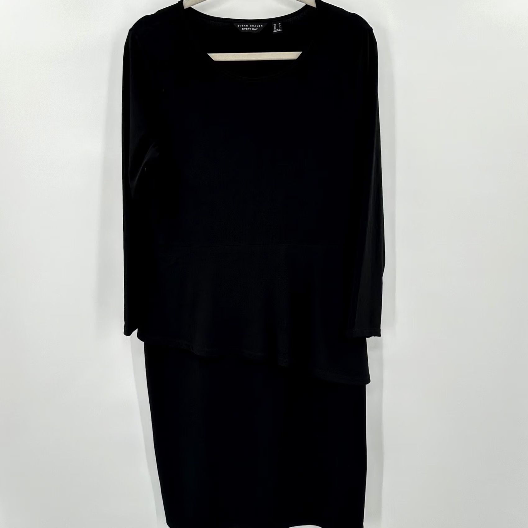 Vintage Susan Graver Every Day Black Knit Dress Long Sleeve Scoop Neck Peplum Layered Sheath M Womens Size M / US 6-8 / IT 42-44 - 2 Thumbnail