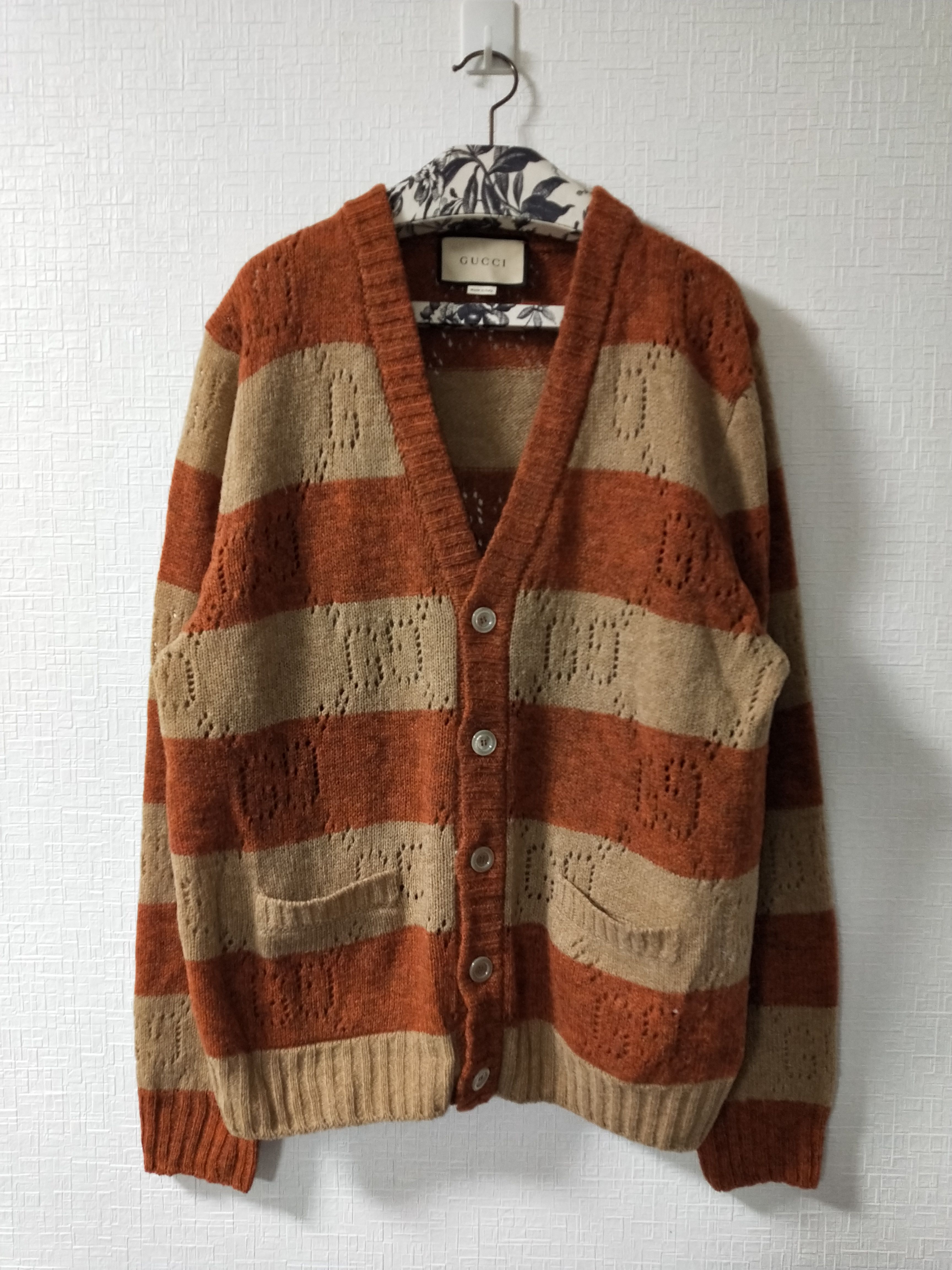 Pre-owned Gucci Pointelle Striped Gg Cardigan In Brown