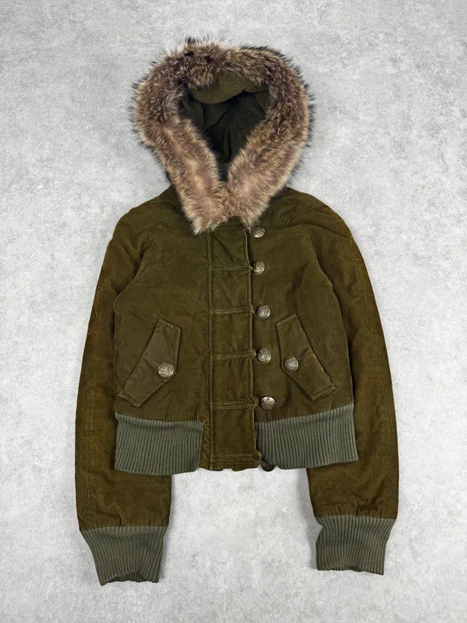 Dolce & Gabbana 2000s Dolce & Gabbana Khaki Corduroy Fur Hooded Buttoned Jacket Size M / US 6-8 / IT 42-44 - 3 Thumbnail