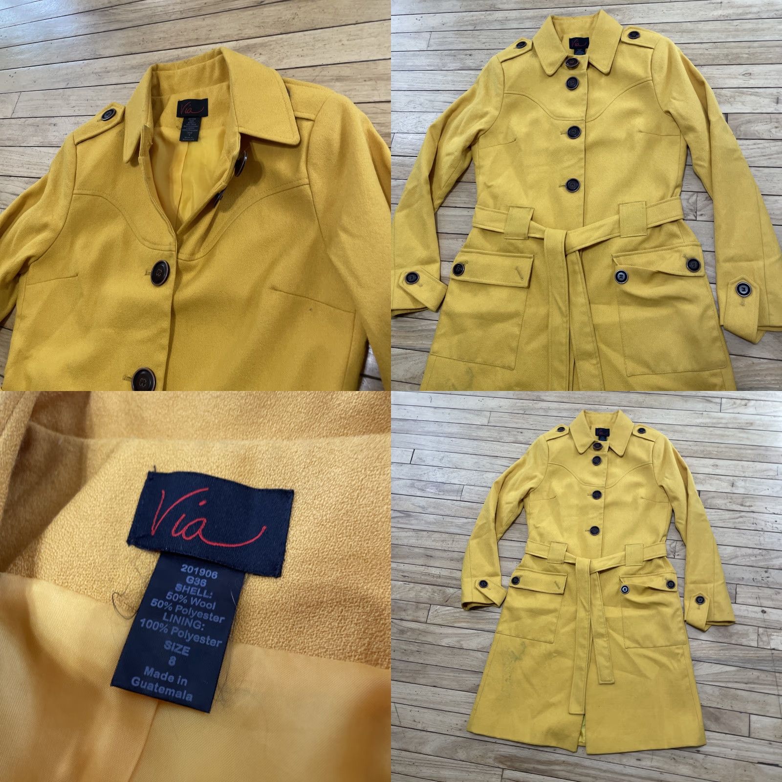 Avia VIA Wool Trench Coat Women 8 Yellow Belted Mod 60s Long Duster Military Grunge Coat Size M / US 6-8 / IT 42-44 - 11 Thumbnail