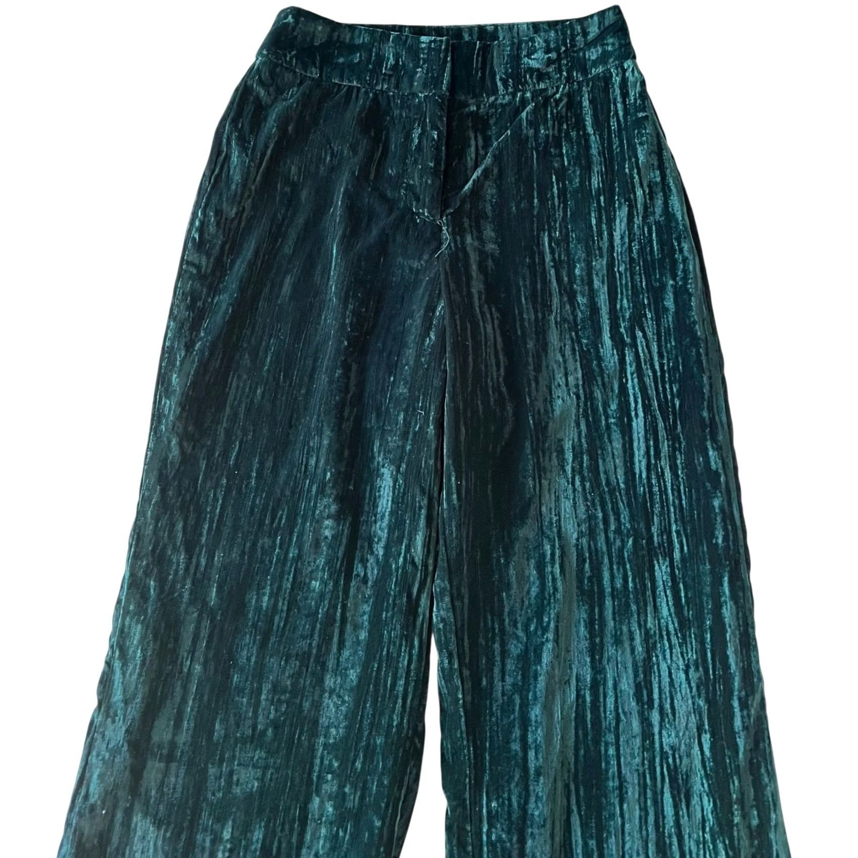 Nasty Gal Nasty Gal Crushed Velvet Pants Wide Leg High Waisted Emerald Green Women’s Sz 4 Size 27" / US 4 / IT 40 - 3 Thumbnail