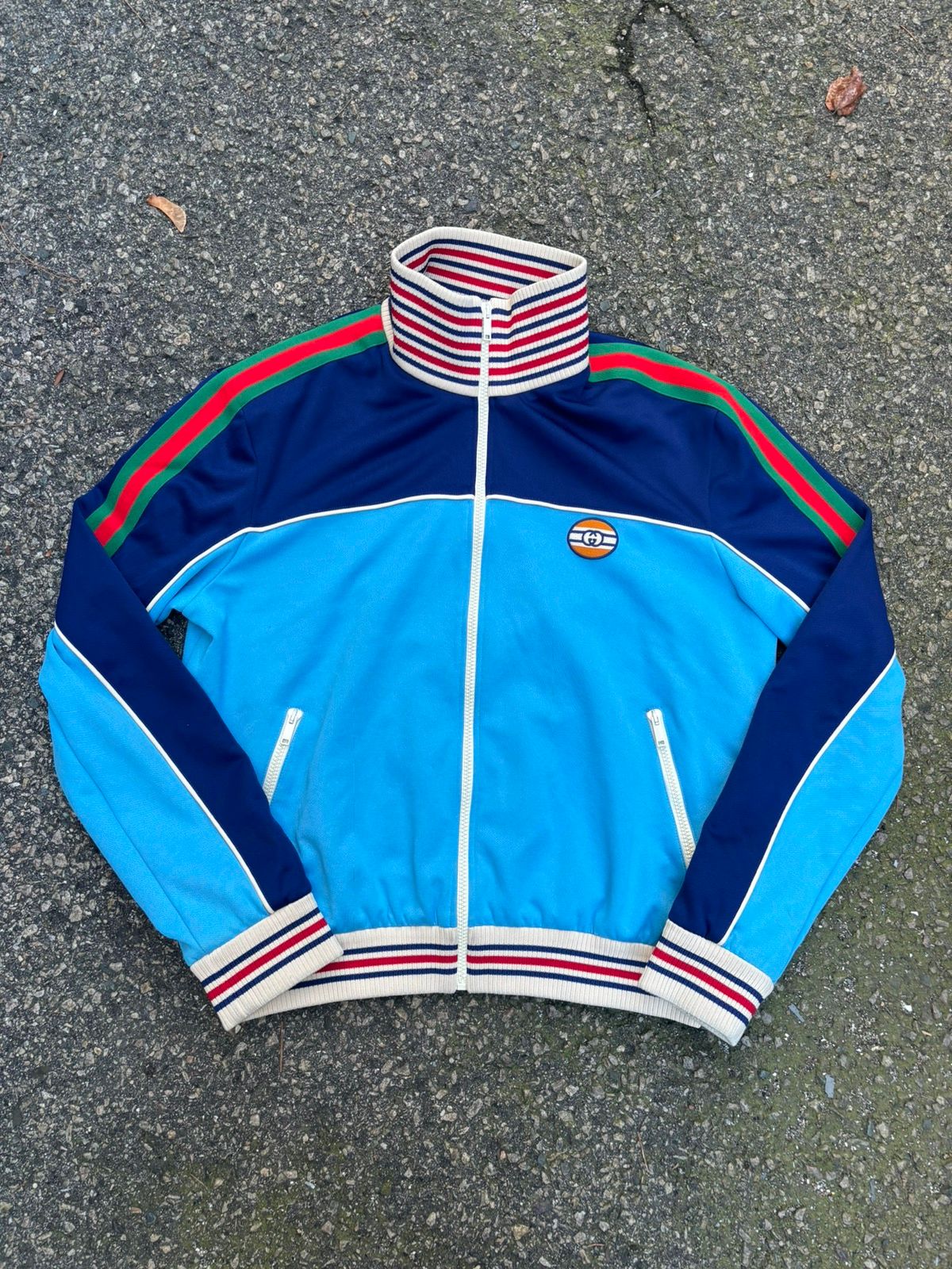 Pre-owned Gucci $1700 Blue Gg Colorblock Track Jacket In Multicolor