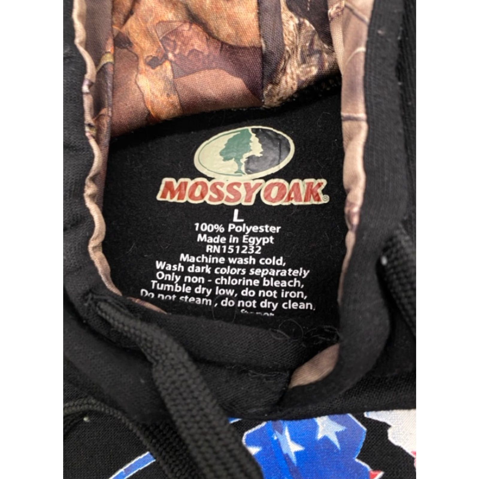 Vintage Mossy Oak Mens Large Hoodie Black USA Red White & Blue Flag Logo 3789 Size US L / EU 52-54 / 3 - 6 Thumbnail