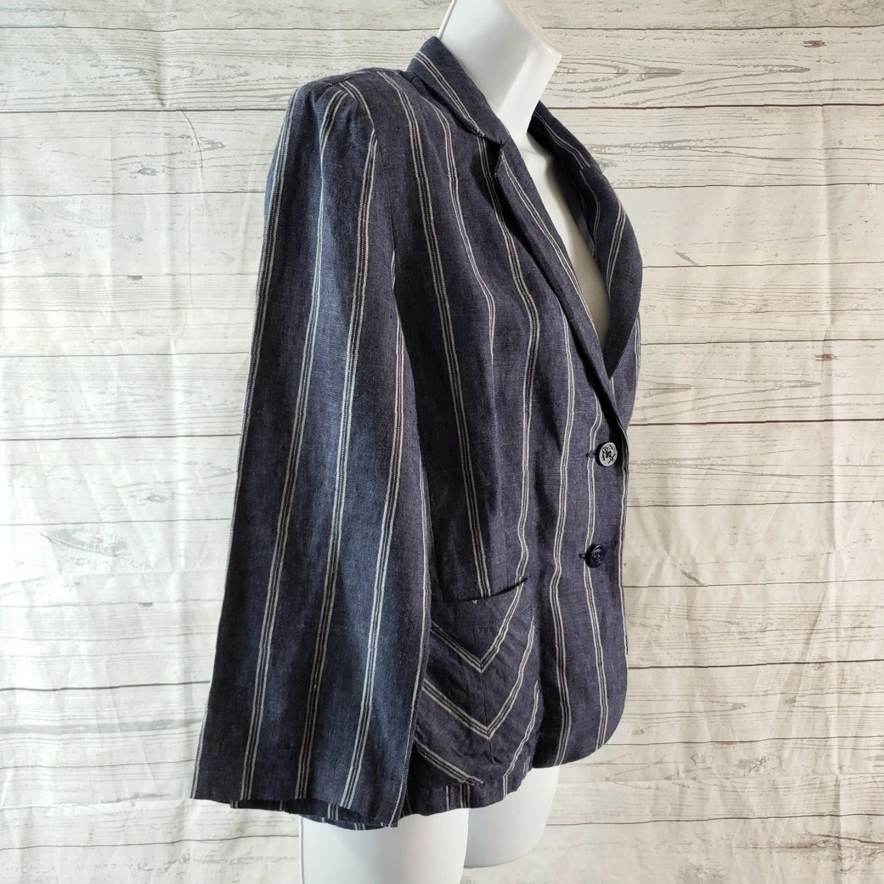 Vintage Cabi 871 Womens Blazer Sz 6 Blue Linen Striped 3/4 Sleeve Button Front Jacket Size M / US 6-8 / IT 42-44 - 3 Thumbnail