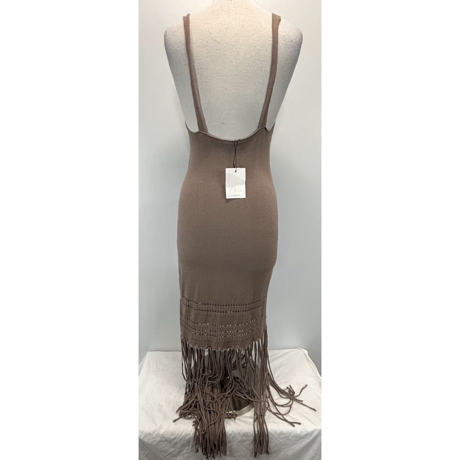 Zara Zara Knit Midi Dress Women Adult XL Taupe Tank Sleeveless Fringe V-Neck Stretch Size XL / US 12-14 / IT 48-50 - 3 Thumbnail