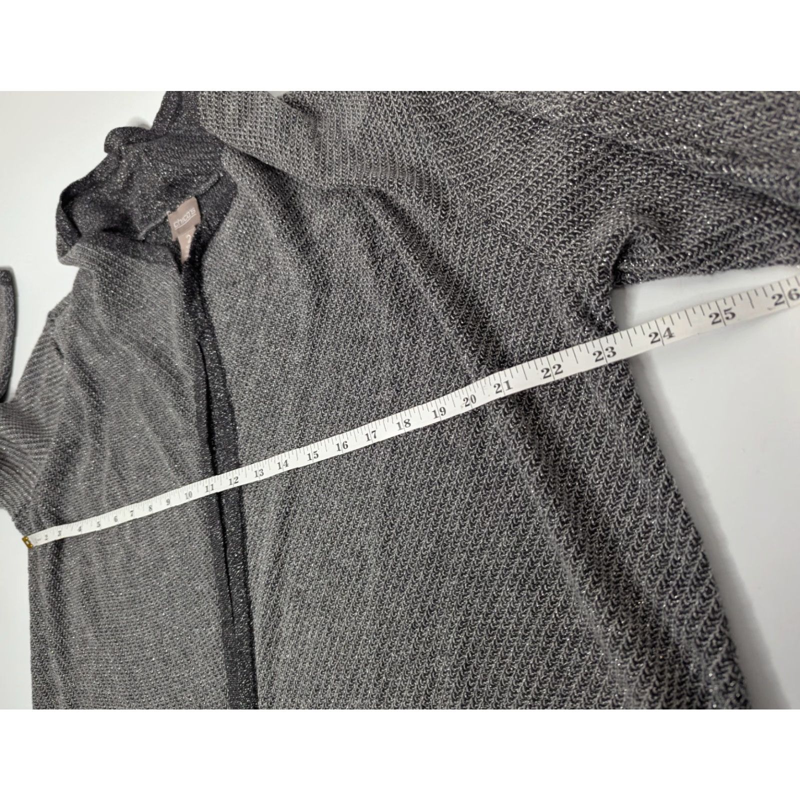 Vintage Chico's Cardigan Women Regular Open Front Knit 3/4 Sleeve Gray Cotton Acrylic Metallic Nylon Size XS / US 0-2 / IT 36-38 - 5 Thumbnail
