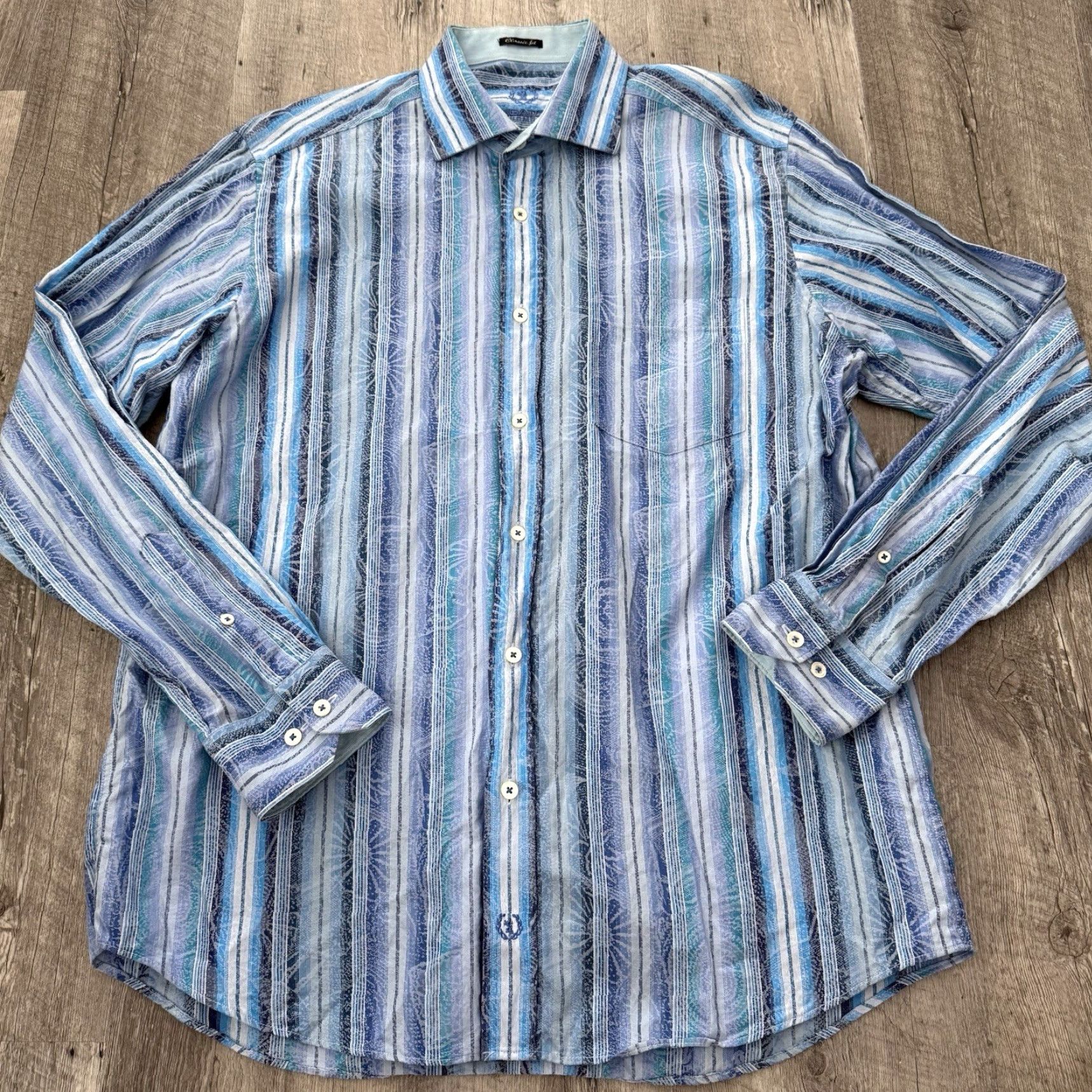 BUGATCHI BUGATCHI Shirt Mens Large Classic Fit Blue Striped Spread Collar 100% Cotton Size US L / EU 52-54 / 3 - 3 Thumbnail
