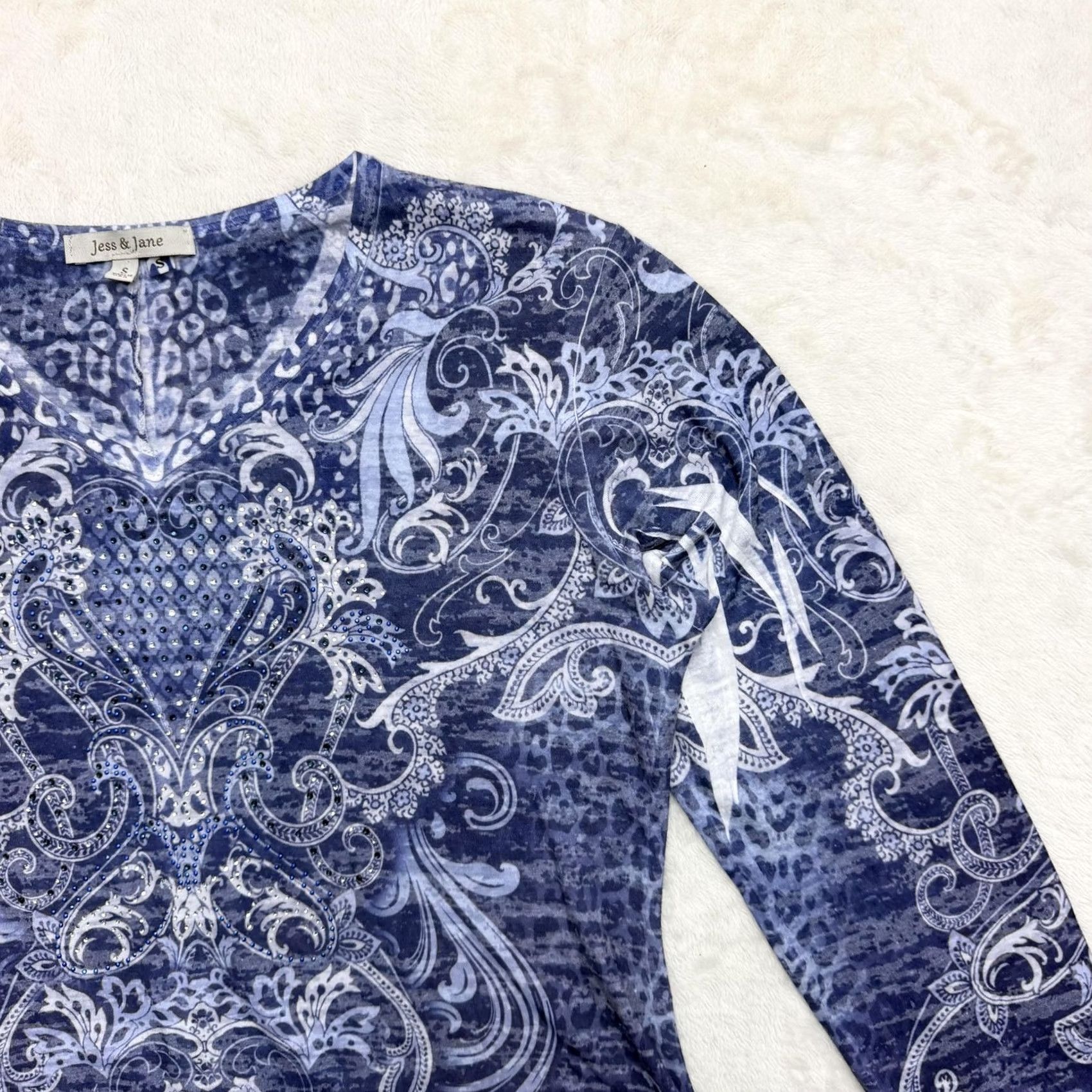 Vintage Jess & Jane Tunic Shirt Womens Small Blue Paisley V-Neck 3/4 Sleeve Top Size S / US 4 / IT 40 - 3 Thumbnail