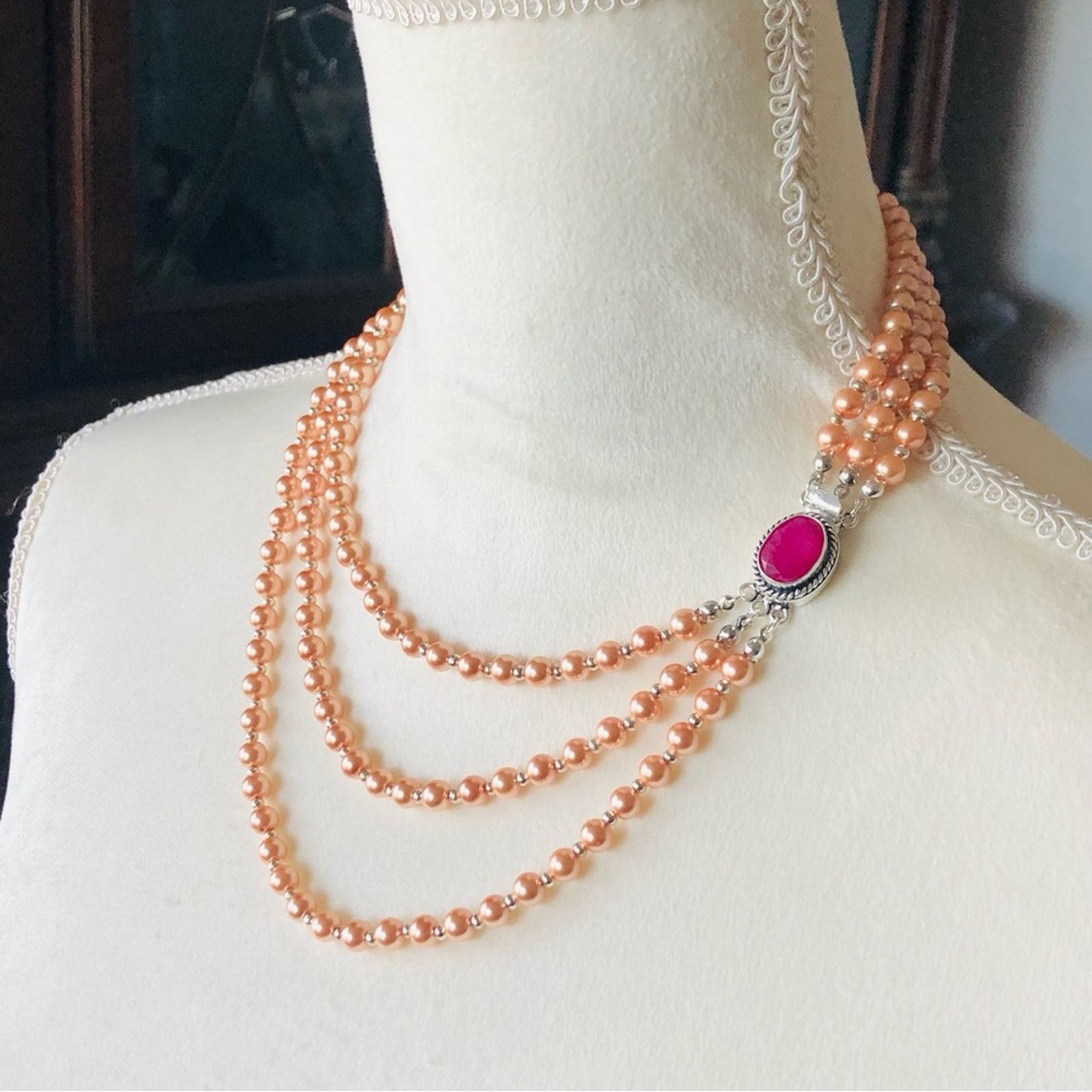 Handmade Handcrafted triple strand Czech Pearl genuine ruby neckla Size ONE SIZE - 8 Thumbnail