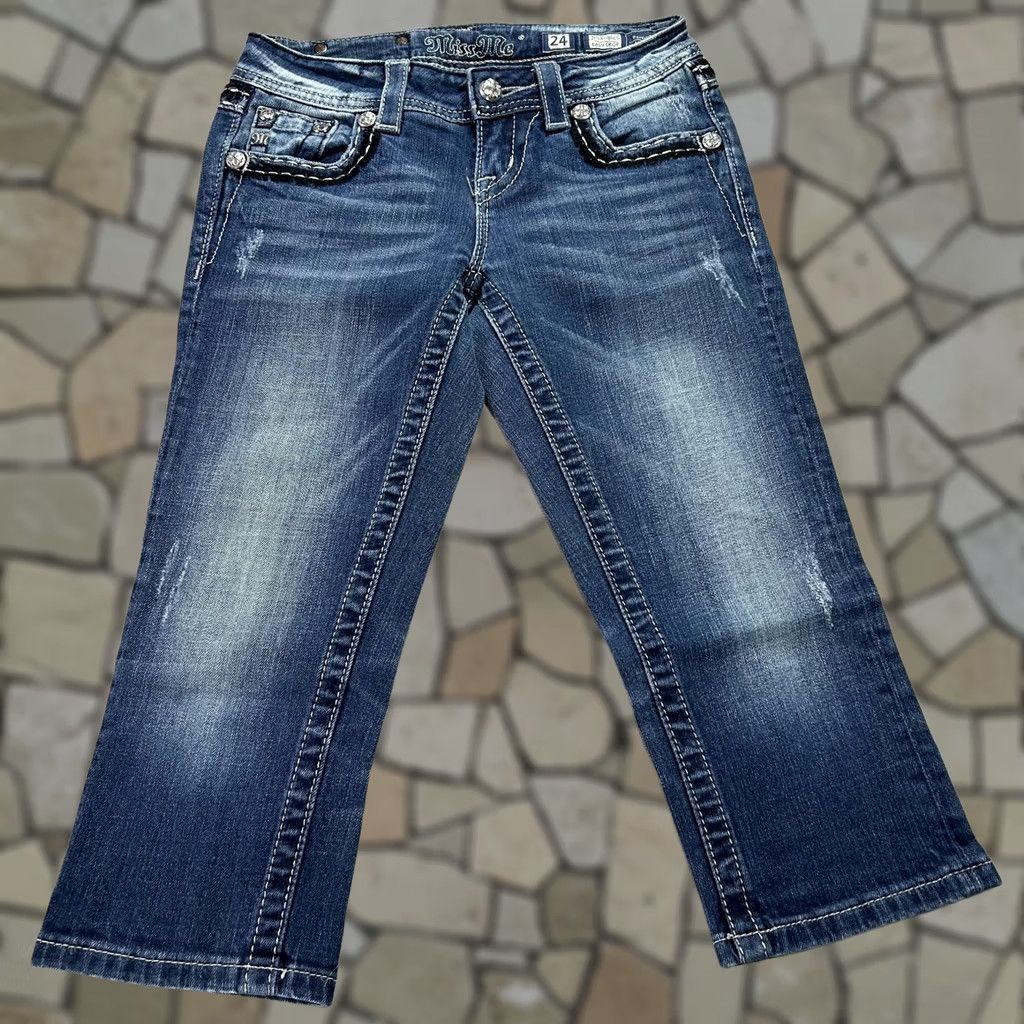 Miss Me Miss Me Jeans Womens 24 Blue Low Rise Cropped Stretch Denim Distressed Rhinestone Studded Pockets 5-Pocket Size 42" / US 20 - 1 Thumbnail
