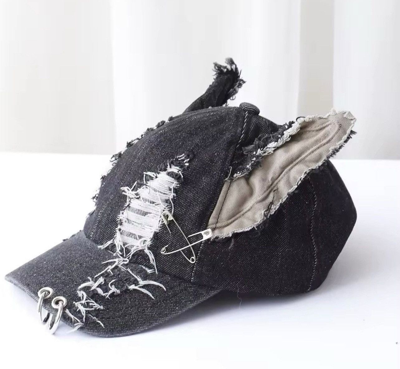 Japanese Brand Rabbit Ears Metal Ring Ripped Denim Baseball Cap Size ONE SIZE - 3 Thumbnail
