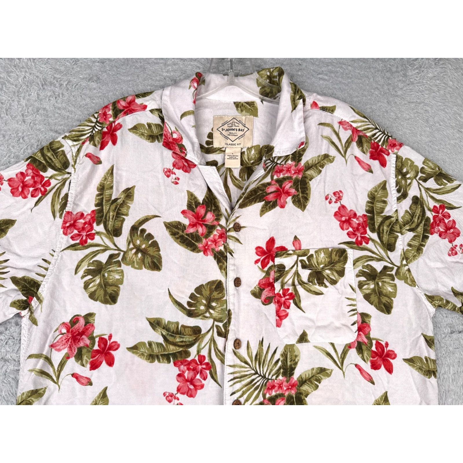 Vintage St. John's Bay Shirt Men L White Floral Hawaiian 100% Rayon Pocket Button-Up Classic Short Sleeve Casual Mens Size US L / EU 52-54 / 3 - 4 Thumbnail