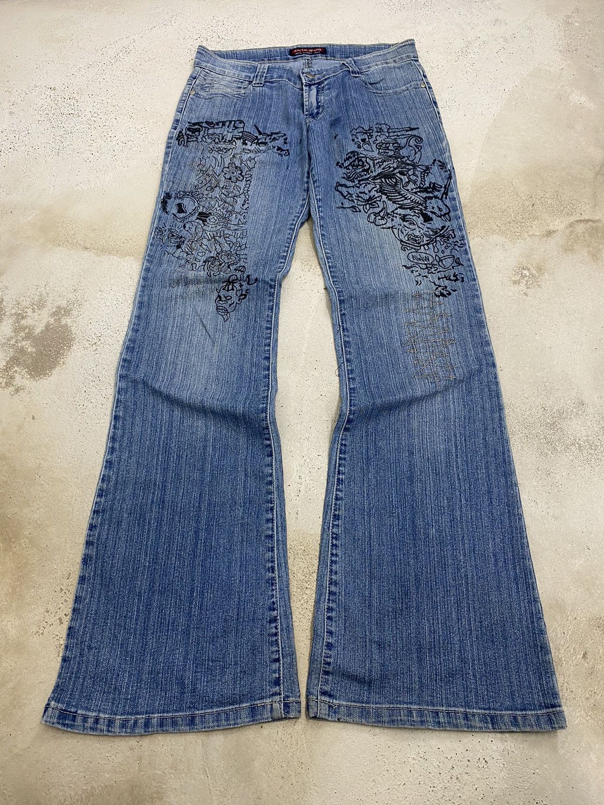 If Six Was Nine Flare Jean Xin Taii Classic Wear Art Black Tattoo Graphics Size US 29 - 2 Thumbnail