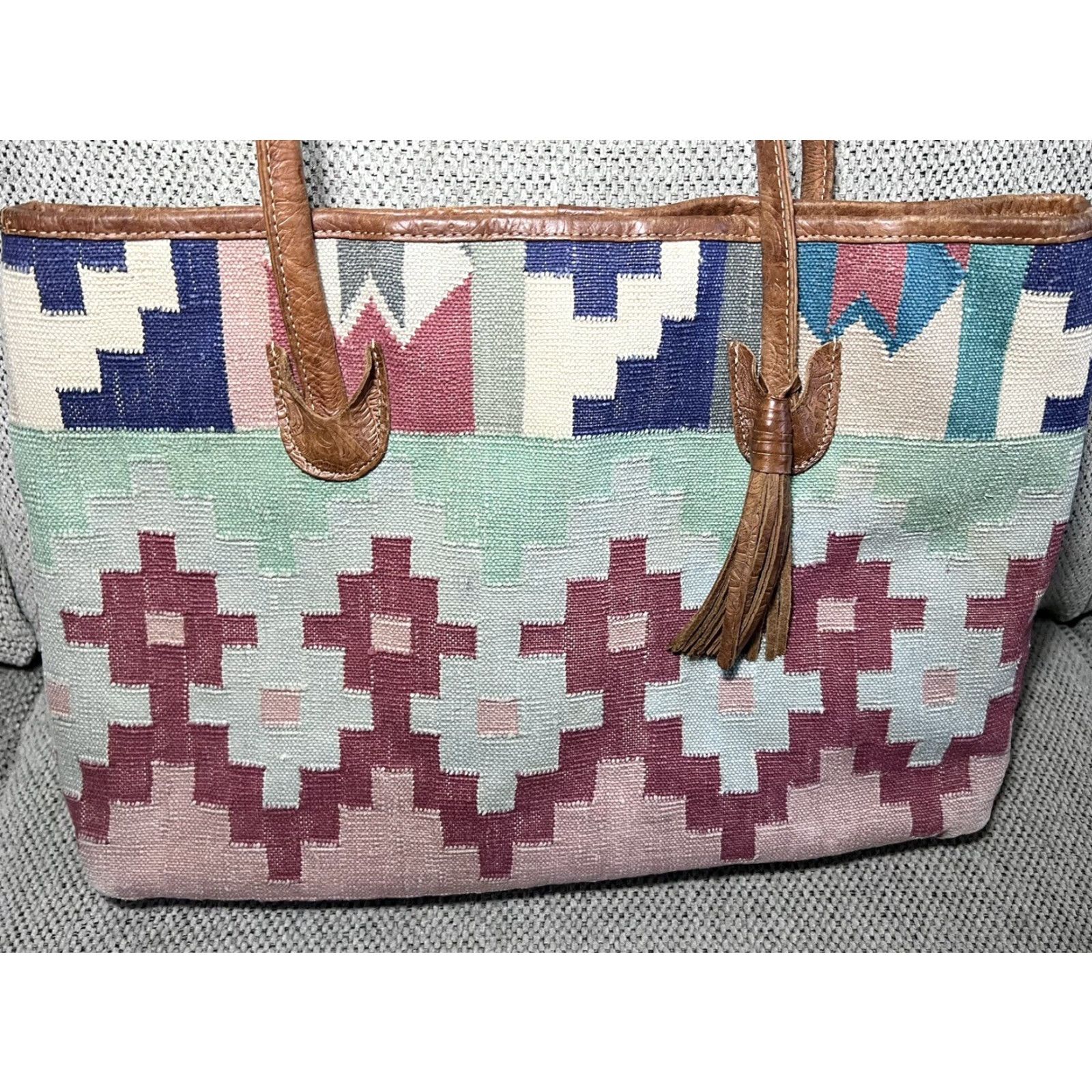 Vintage VINTAGE Cute Woven Aztec Kilim Leather Trim Bag Shoulder Purse Size ONE SIZE - 2 Thumbnail