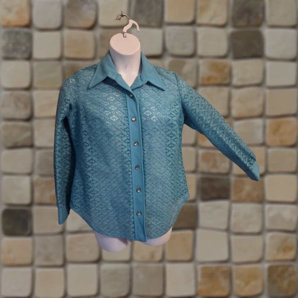 Vintage VINTAGE 70s Teal Lace Blouse Top Plus 16.5 60s Size XXL / US 16-18 / IT 52-54 - 1 Thumbnail