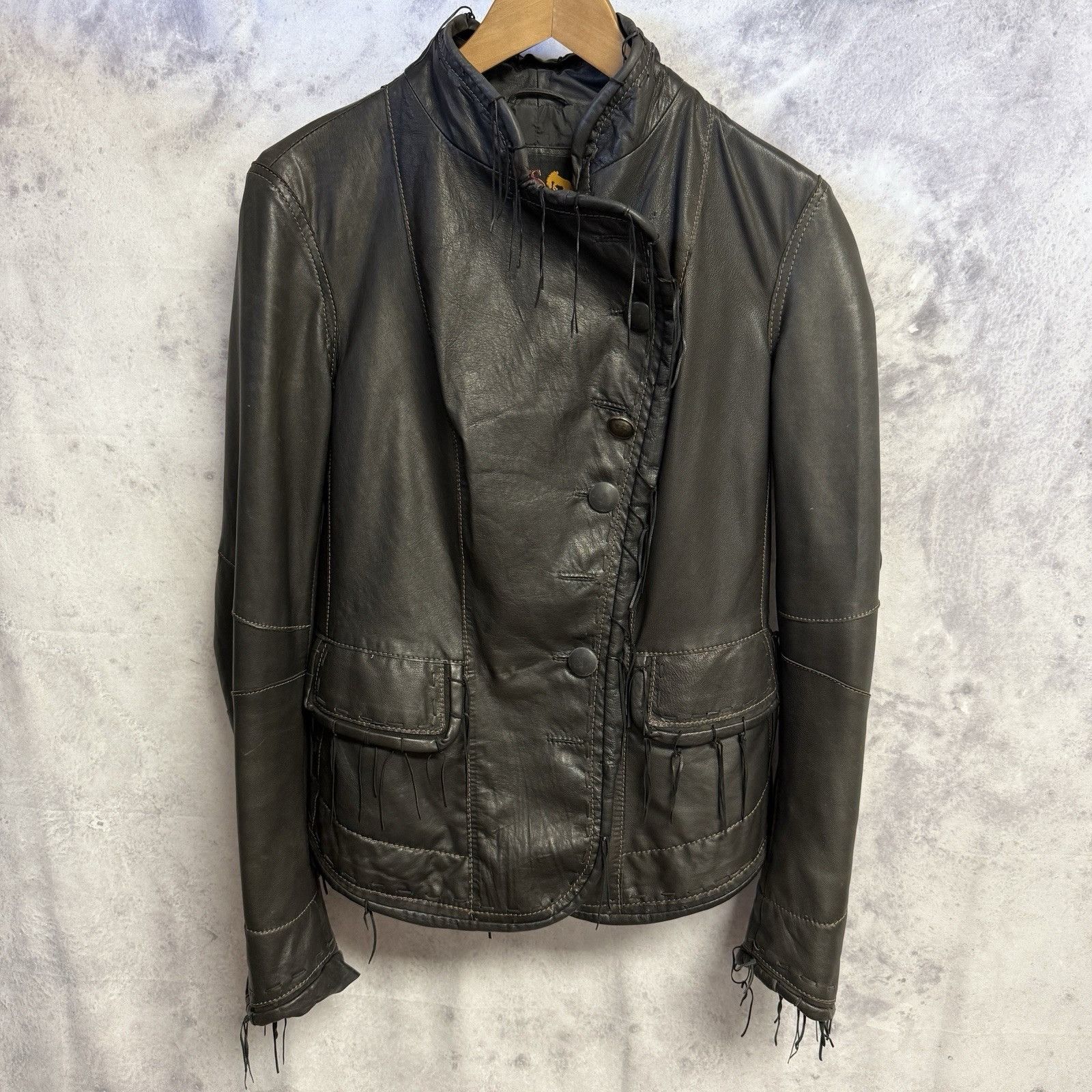 Vintage Burns 1876 Womens Leather Jacket Black Fringe Western Biker Size M / US 6-8 / IT 42-44 - 1 Thumbnail