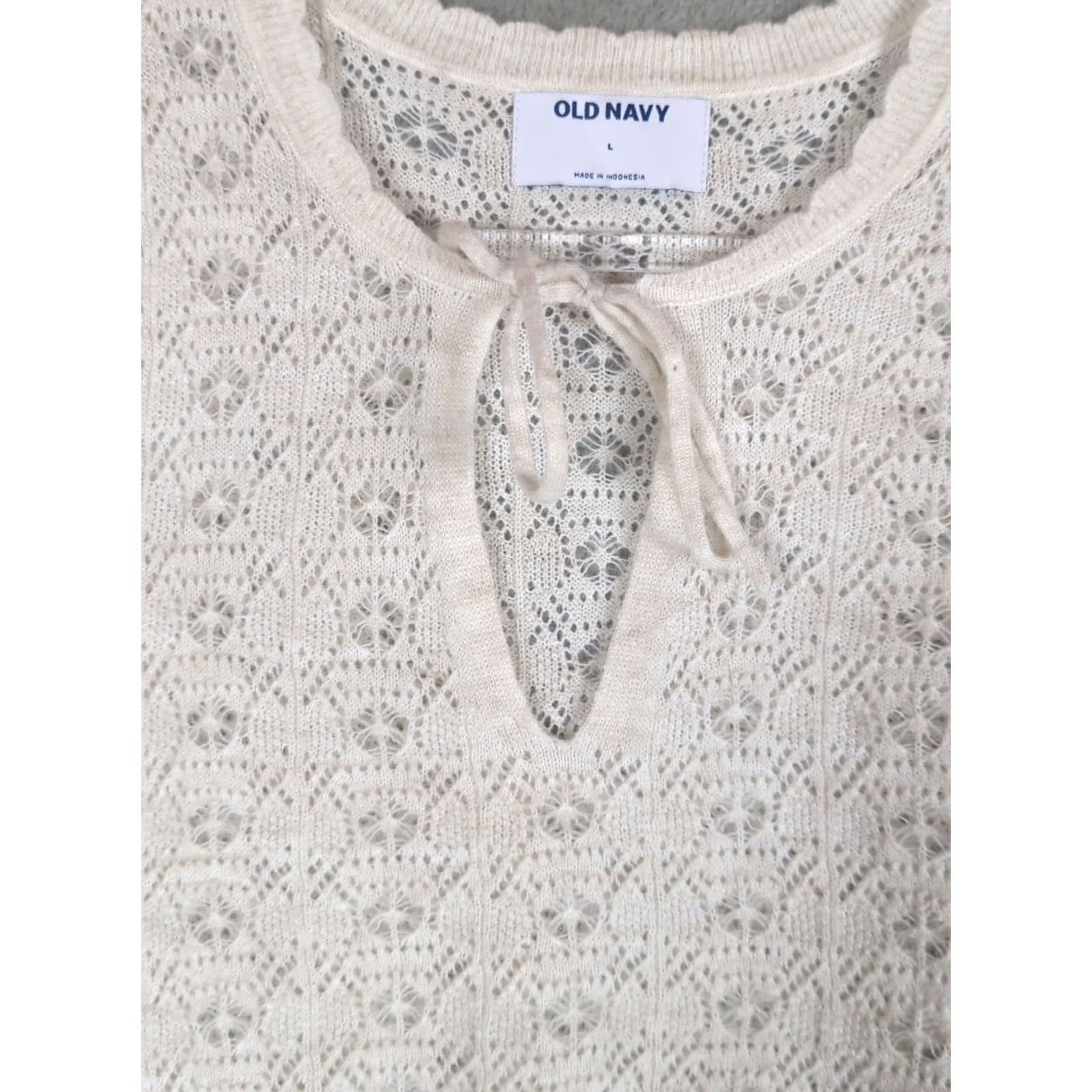 Old Navy Old Navy Women Sweater L Ivory Puff Sleeve Knit Open-Knit Tie Casual Pullover Fashion Feminine Coquette Size L / US 10 / IT 46 - 5 Thumbnail