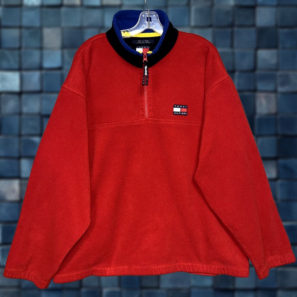 VINTAGE Tommy Hilfiger Sweater Adult XL Red Fleece Half Zip Pullover Stand Collar Mens