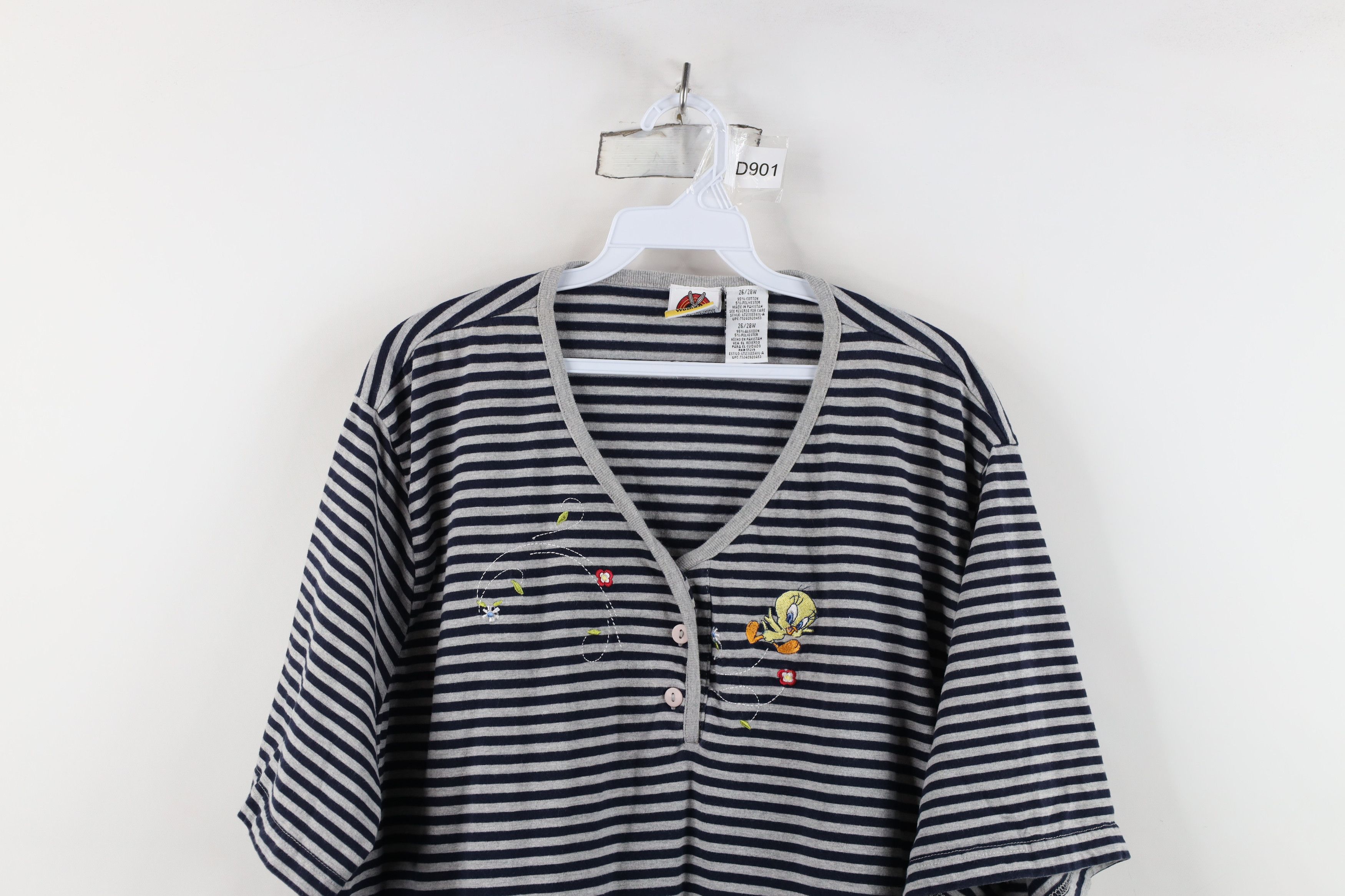 Vintage Vintage 90s Looney Tunes Striped Tweety Bird Henley T-Shirt Size 4XL / US 24-26 - 2 Thumbnail