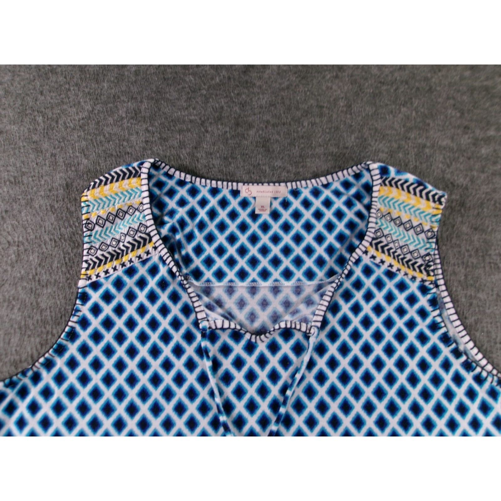 Vintage Dressbarn Blouse Tank Top Women XL Blue Argyle/Diamond Sleeveless Scoop Neck Casual Beachy All Seasons Easy Care/Tasseled Size XL / US 12-14 / IT 48-50 - 2 Thumbnail